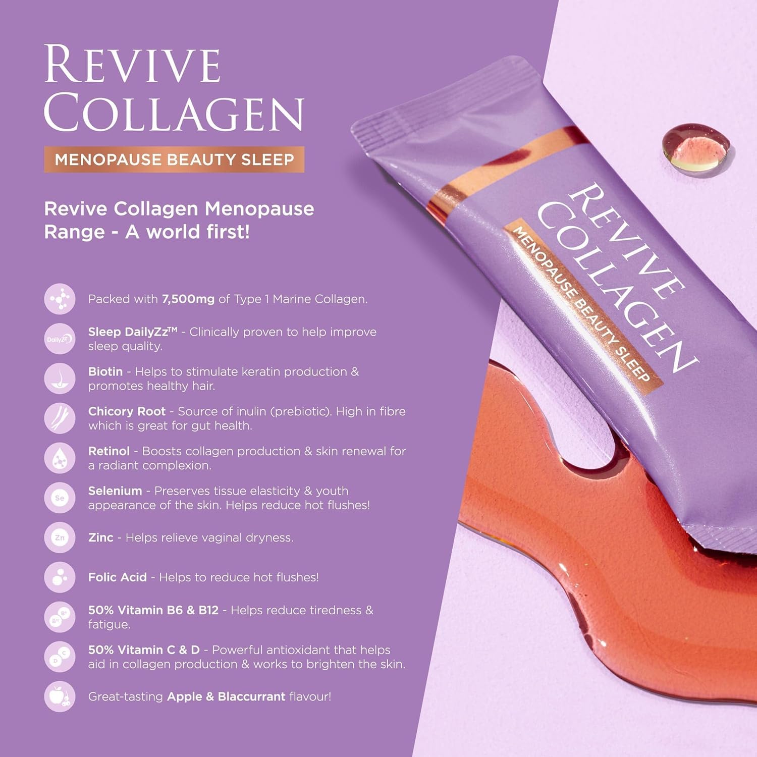 Revive Collagen Menopause cheveux et peau éclatants grâce au rétinol et biotine.