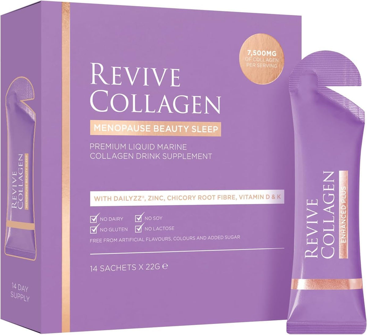 Revive Collagen Menopause sachets saveur pomme-cassis, boisson prête à consommer le soir.