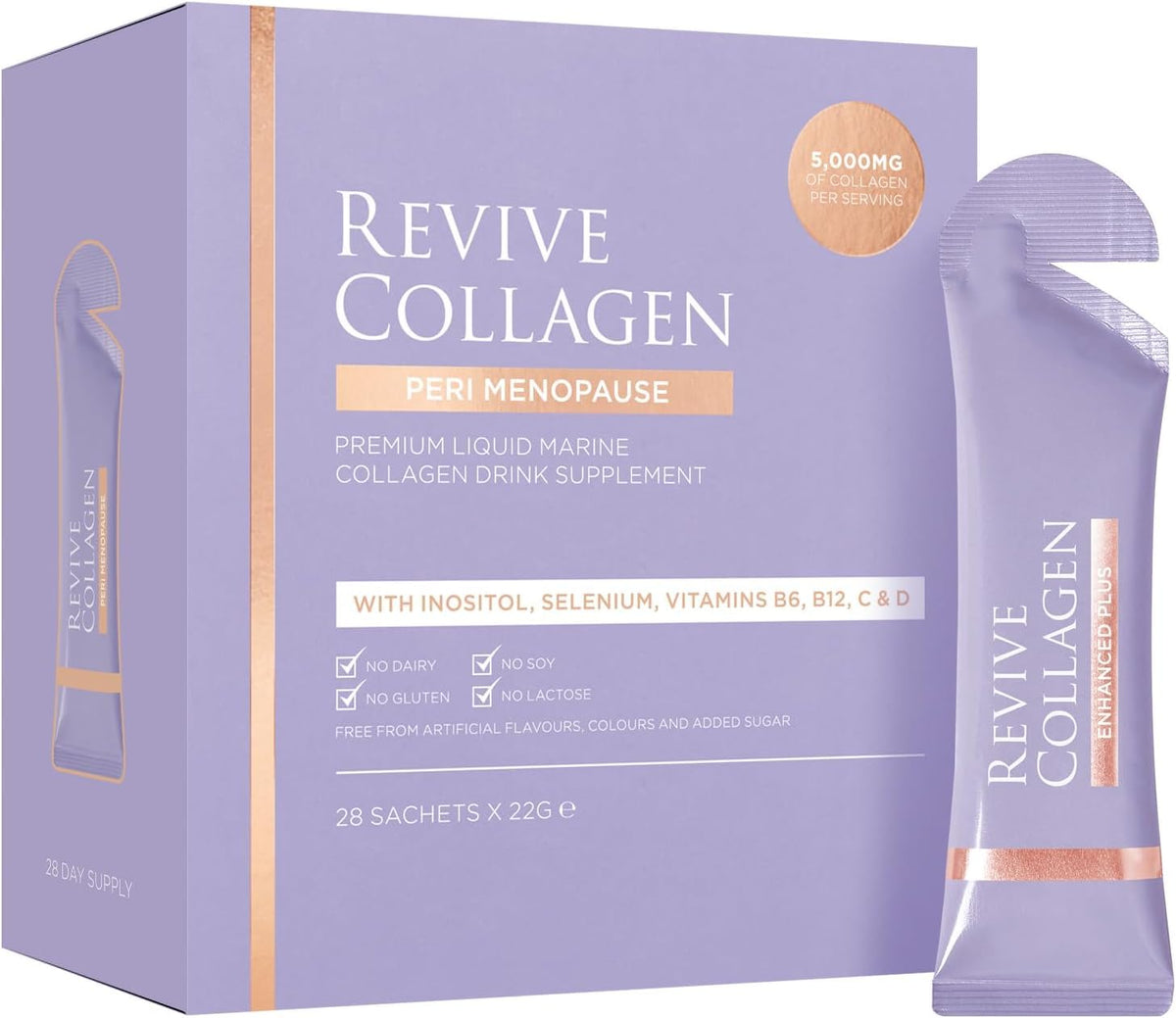 Revive Collagen Perimenopause — bouteille et emballage, soutien potentiel à la peau et à l'énergie.