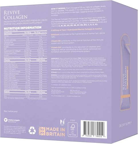 Sachets ouverts Revive Collagen Perimenopause, dose pratique pour l'énergie et la peau.