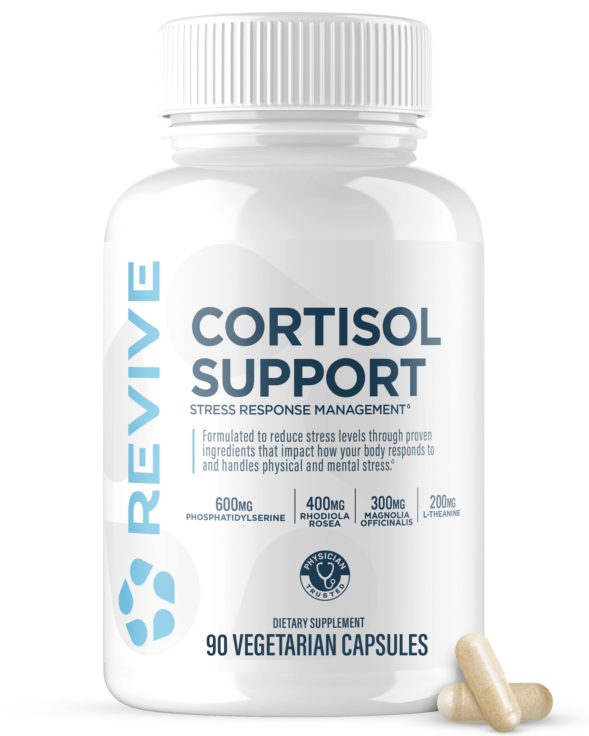 Revive MD Cortisol Manager – bouteille et gélules véganes soutenant le calme et la concentration