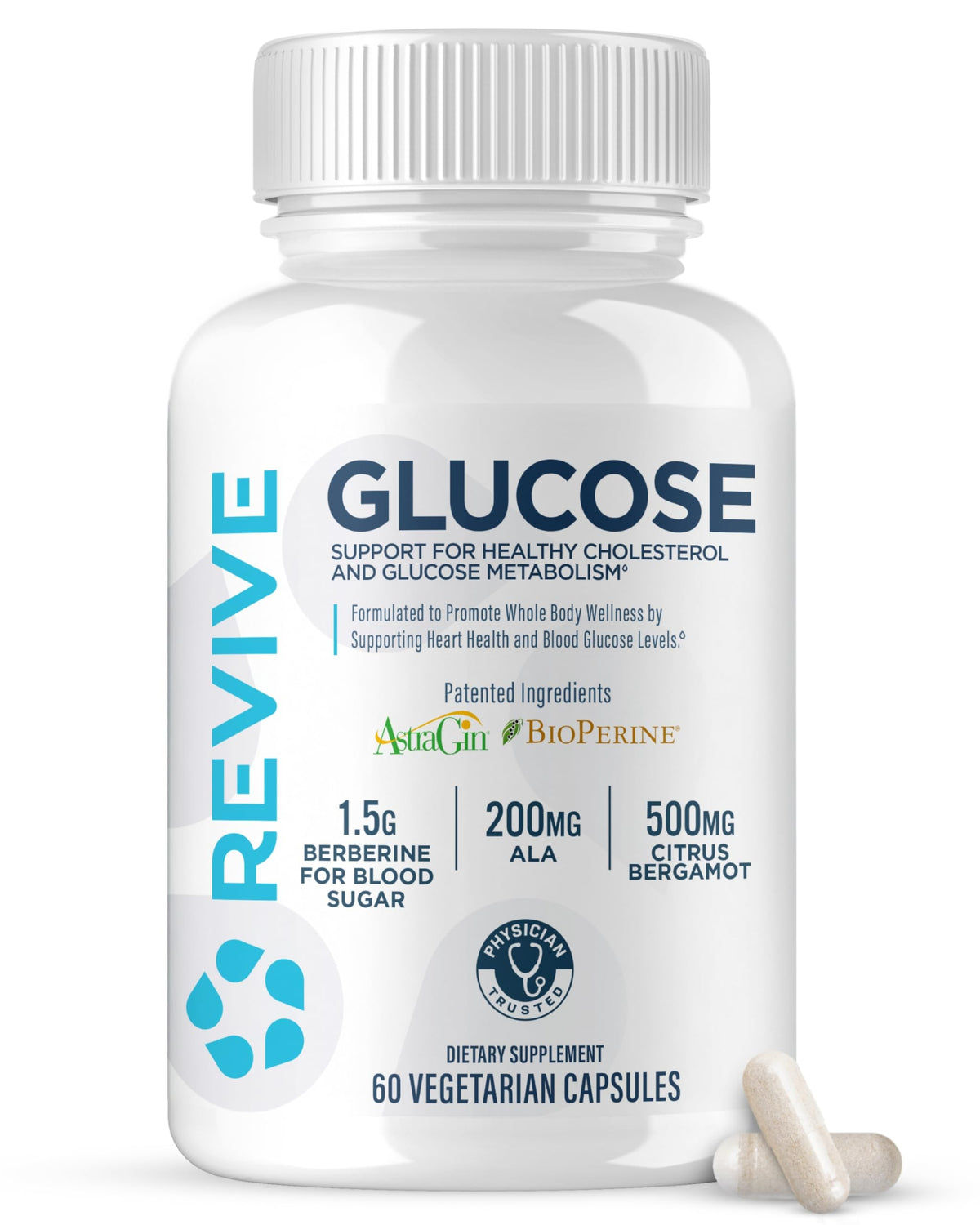 Revive MD Glucose – bouteille montrant le soutien nutritionnel quotidien.