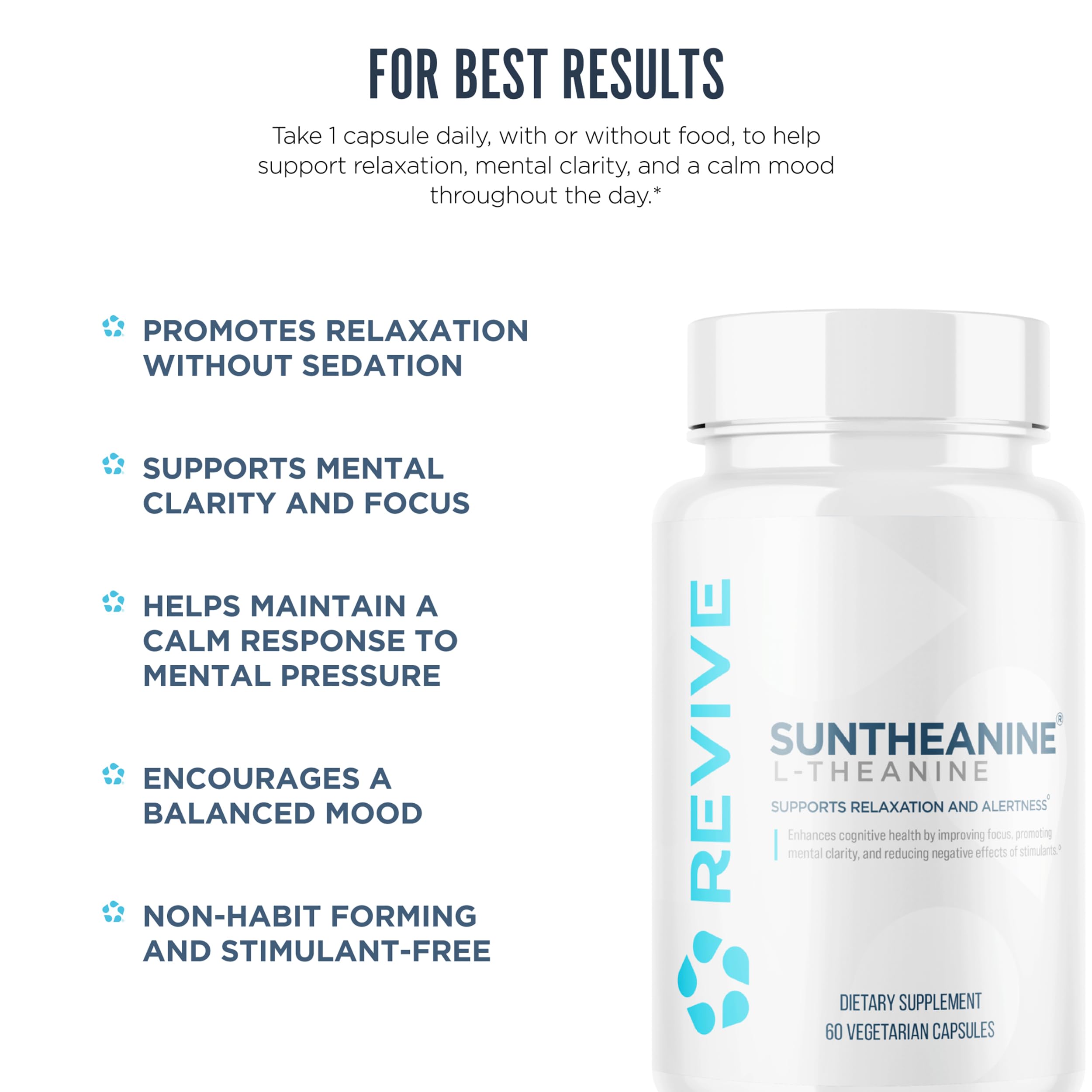 Bouteille Revive MD Suntheanine ouverte, usage quotidien calme et sûr.
