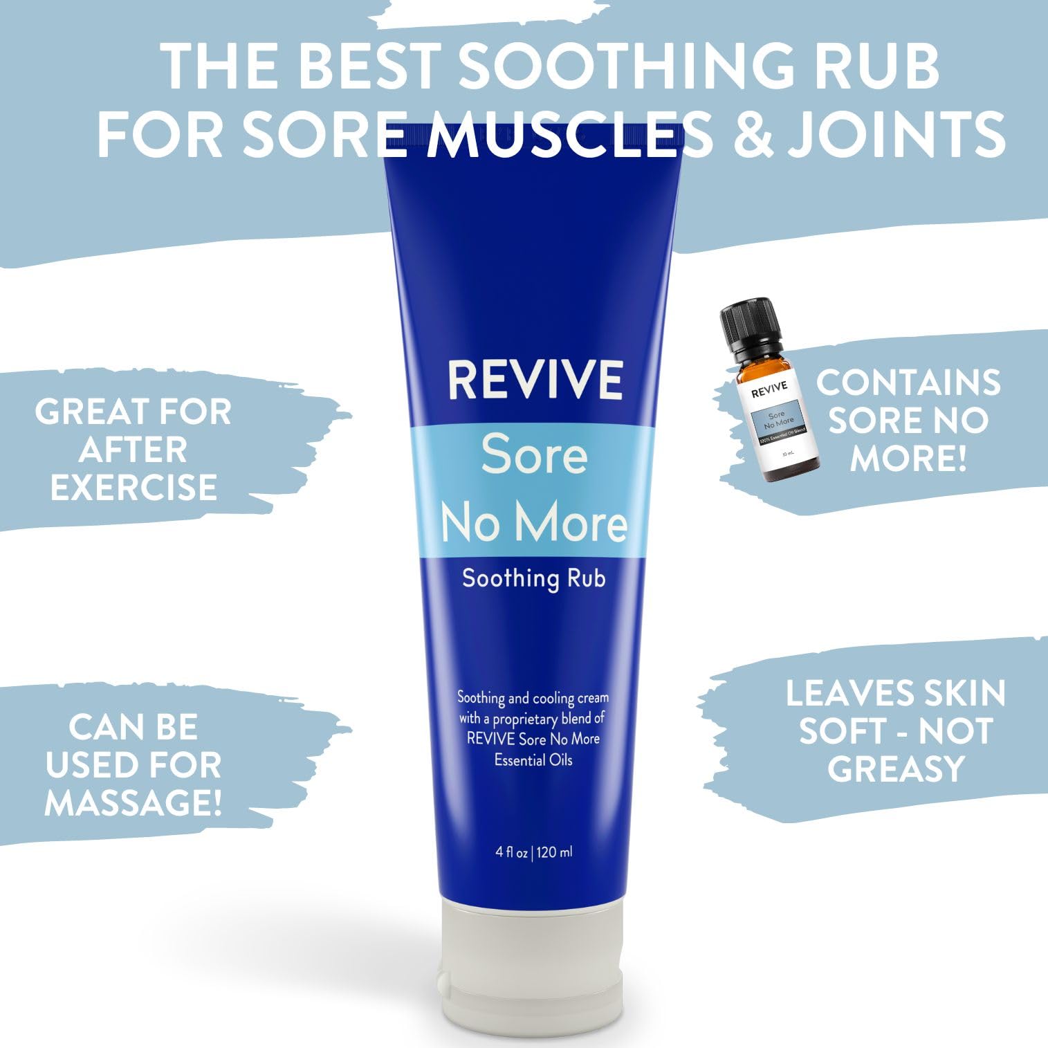 Application de massage avec REVIVEEO Sore No More sur les muscles pour une sensation rafraîchissante.