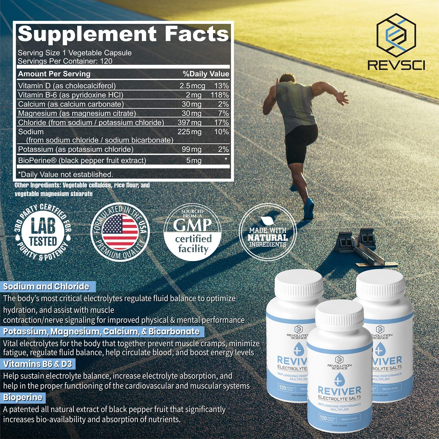 REVIVER bicarbonate vitamines BioPerine, absorption améliorée et récupération.