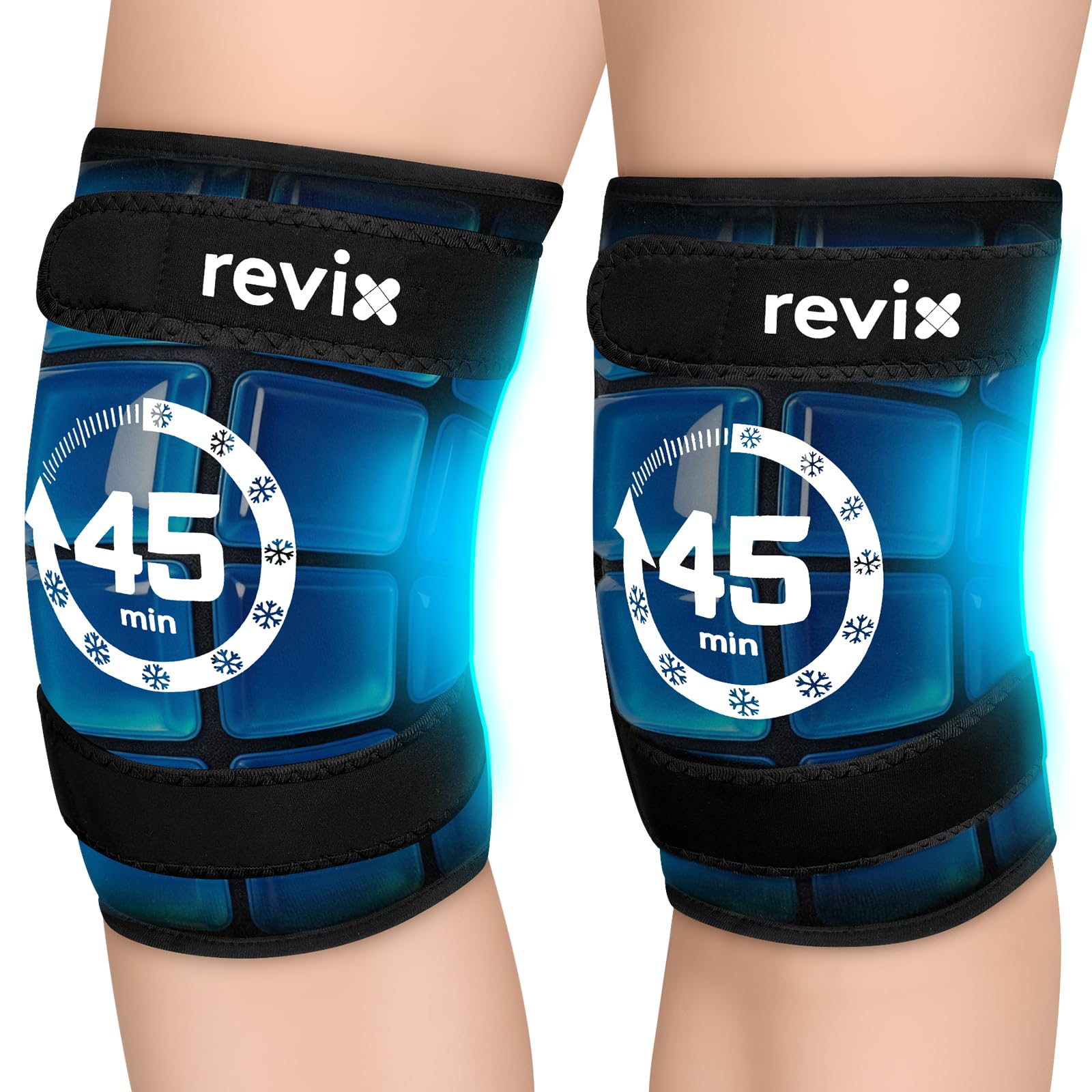 Genou et bandeau REVIX en place, refroidissement ciblé et durable après l'effort.