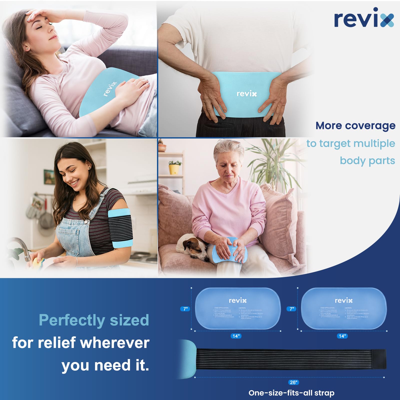 REVIX gel glacé réutilisable 14x7 – couverture dos durable et généreuse.