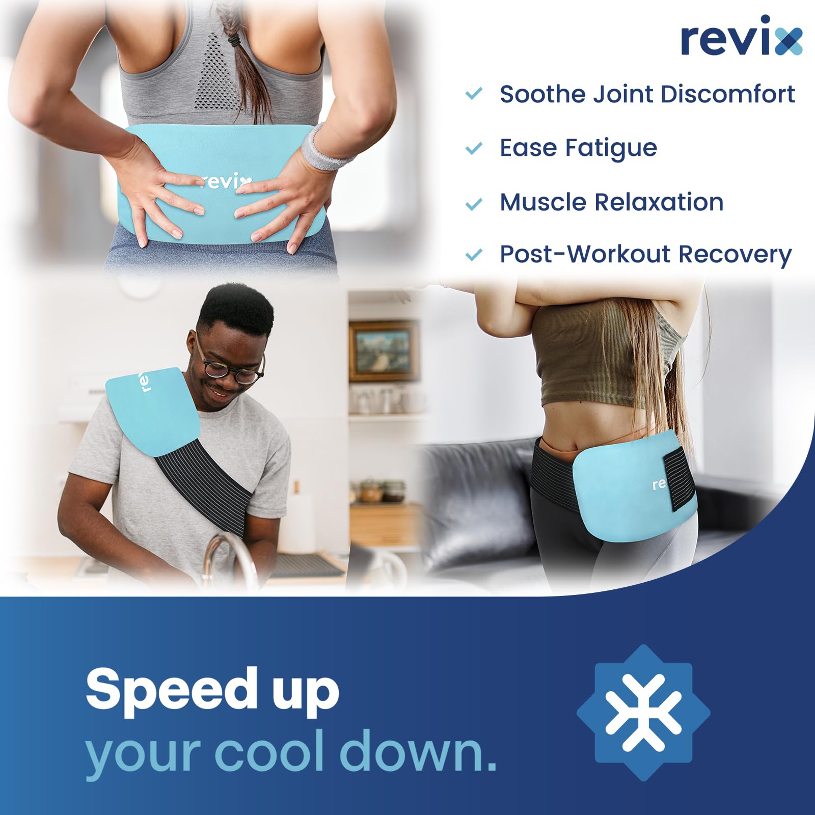 REVIX gel glacé réutilisable 14x7 – utilisation mains libres sur tout le corps.