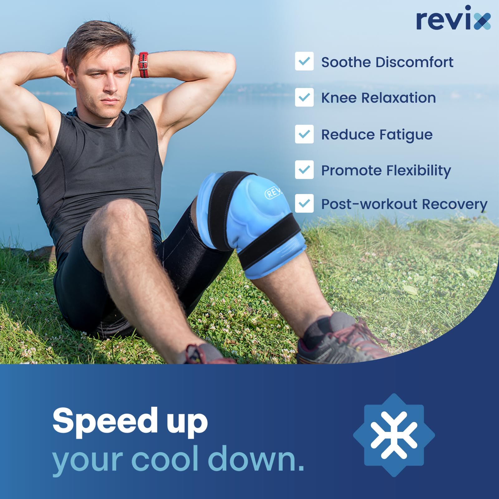 Bandeau REVIX genou XXXL avec bandes reglables pour ajustement précis.