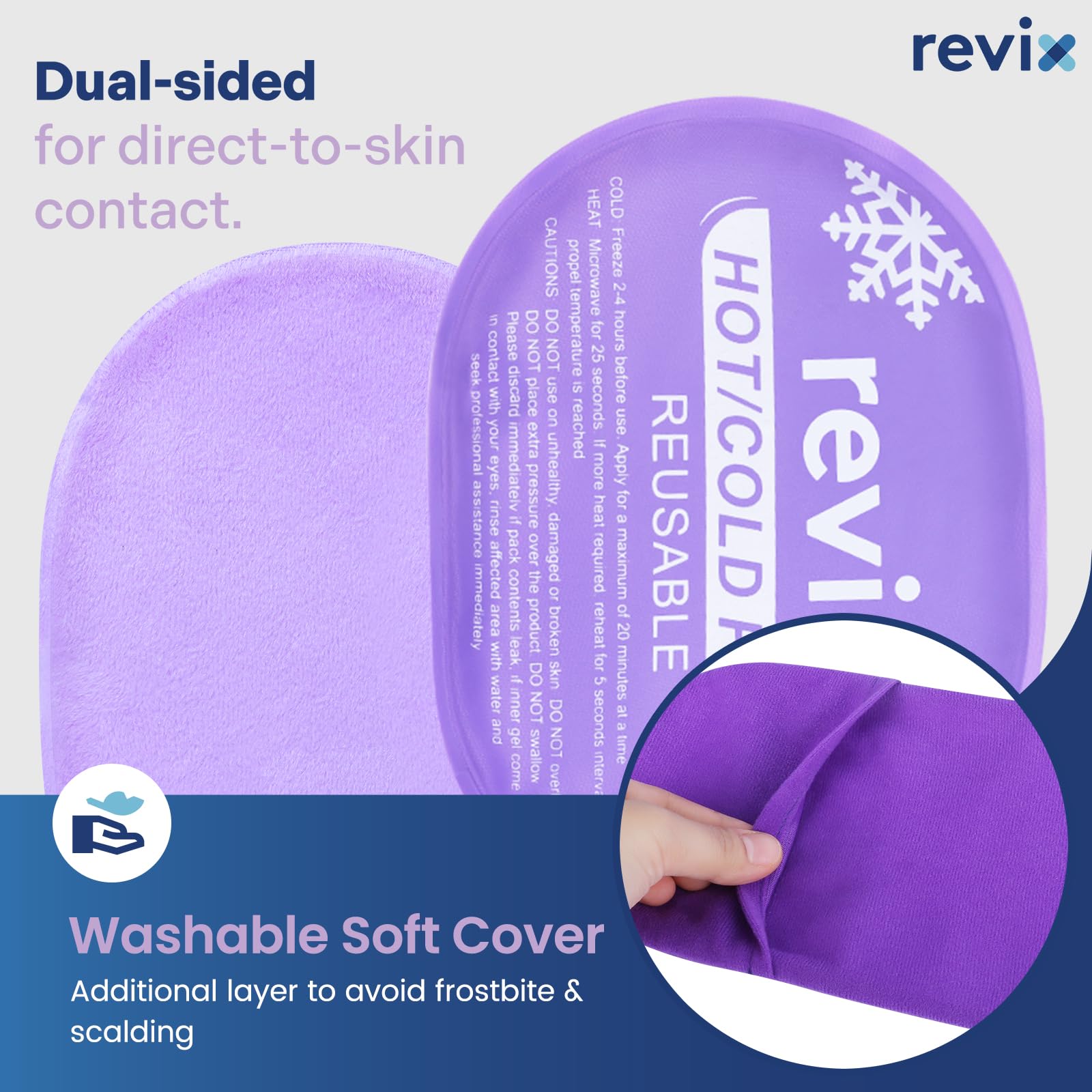 Compresses gel flexibles REVIX, adaptables à différentes zones du corps.