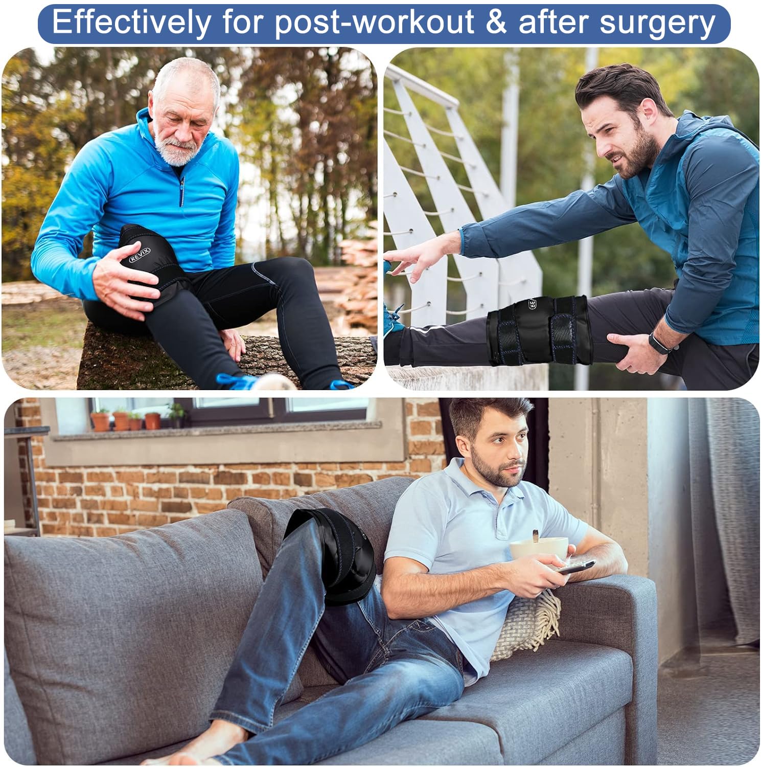 Gel froid REVIX XL, congélation uniforme autour du genou pour une thérapie ciblée.