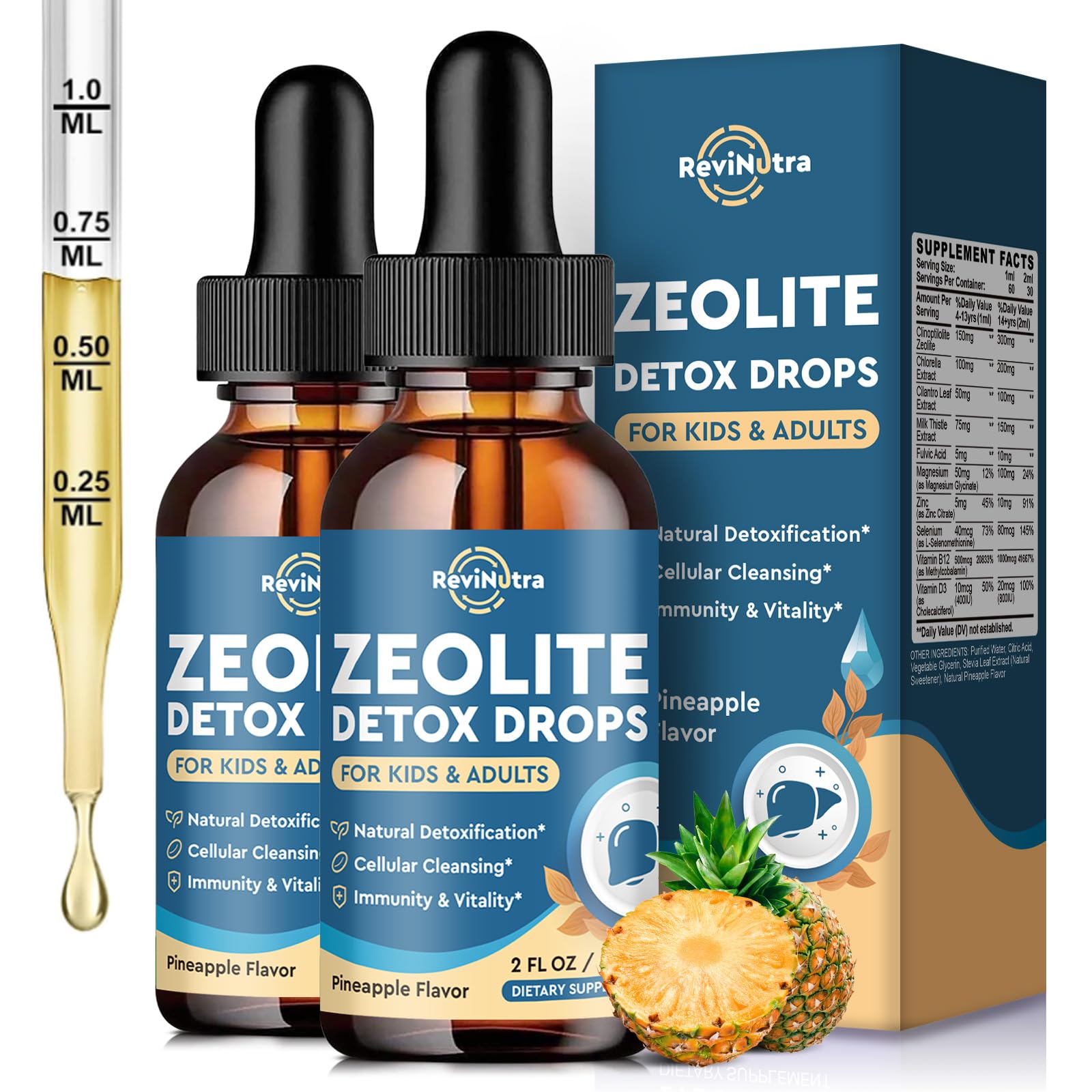 ReviNutra Zeolite Detox gouttes-bouteille : soutien à la détox naturelle et au bien-être.
