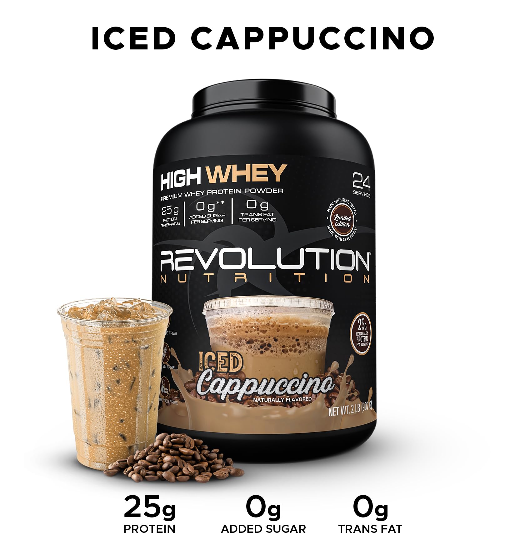 Revolution Nutrition High Whey: doseur affichant 25 g par portion, pratique après l'entraînement.