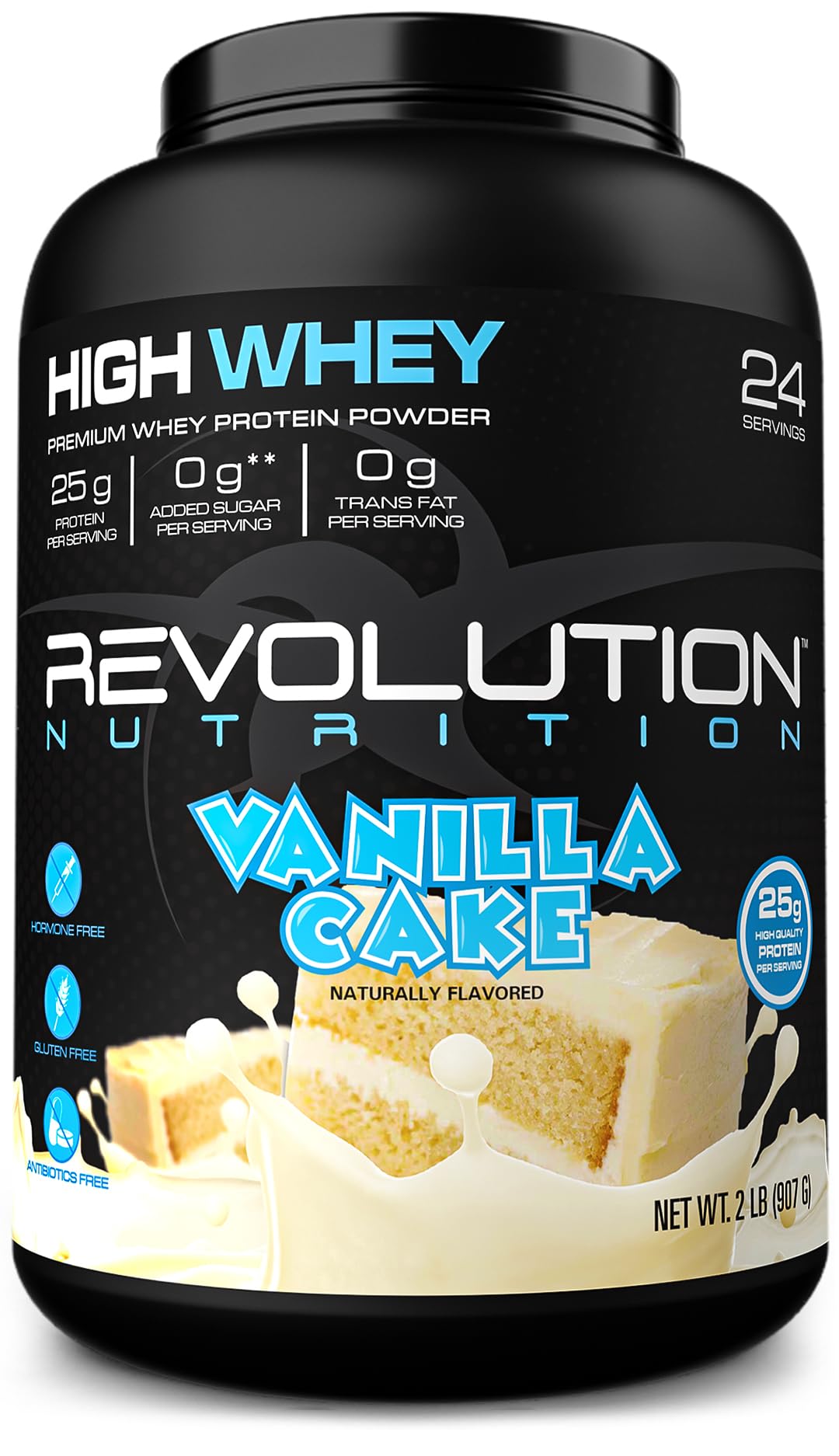 Emballage Revolution Nutrition High Whey, design clair et pratique.