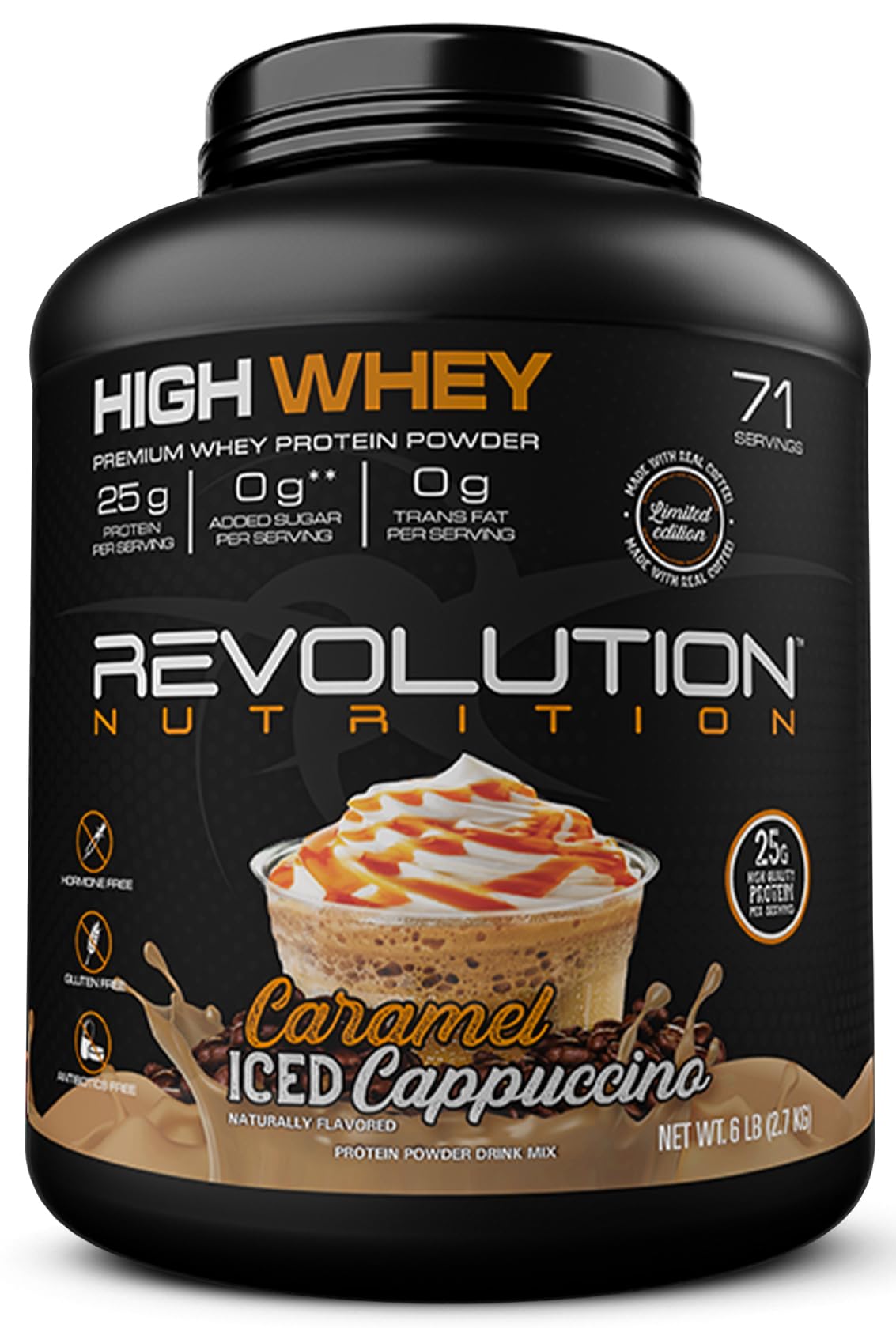 Revolution Nutrition High Whey etiquette-emballage: emballage clair pour repérage rapide et conservation pratique.