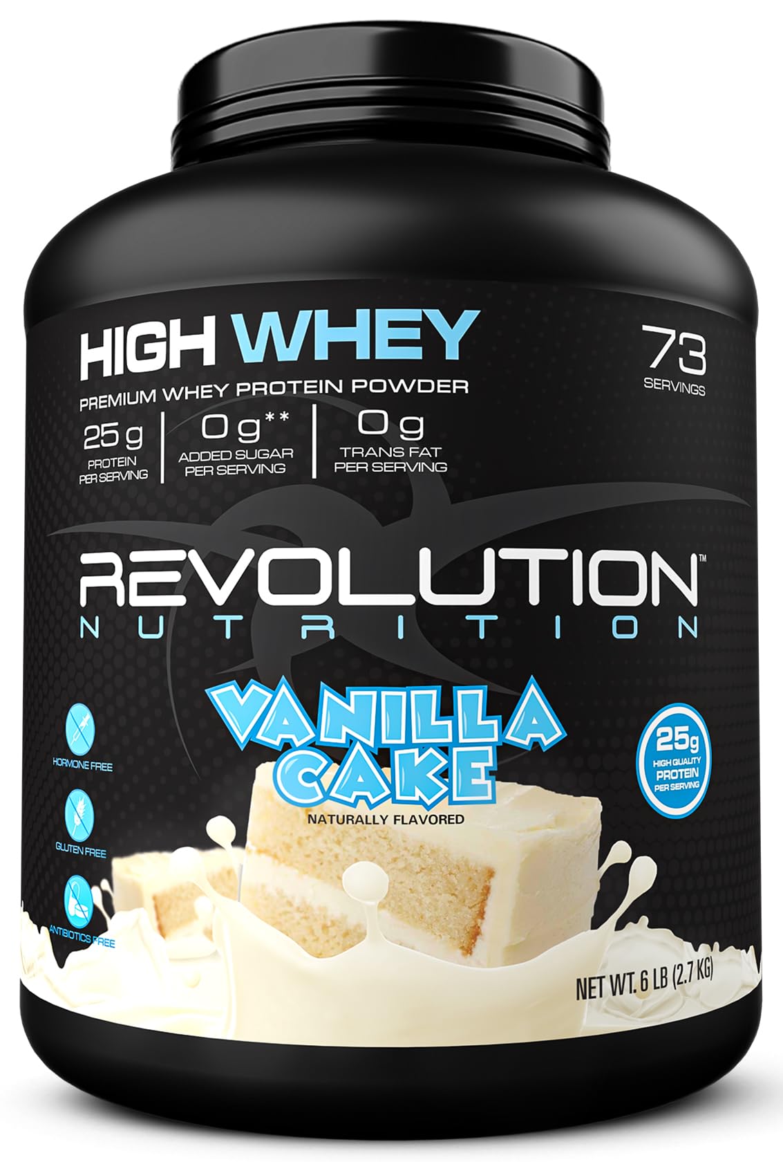 High Whey poudre vanille gâteau, goût riche et texture lisse.
