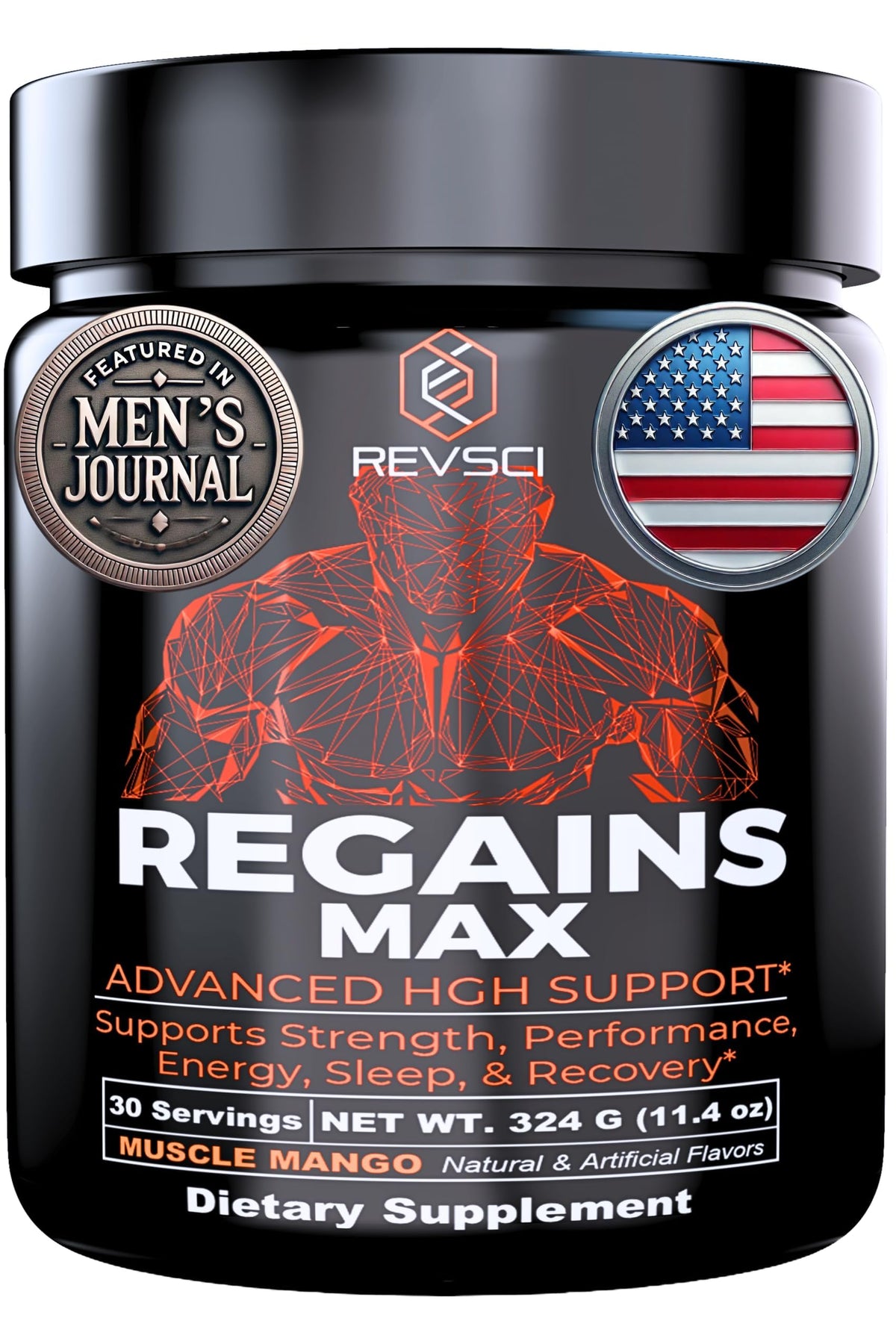 Regains MAX de Revolution Science, bouteille montrant le soutien récupération musculaire