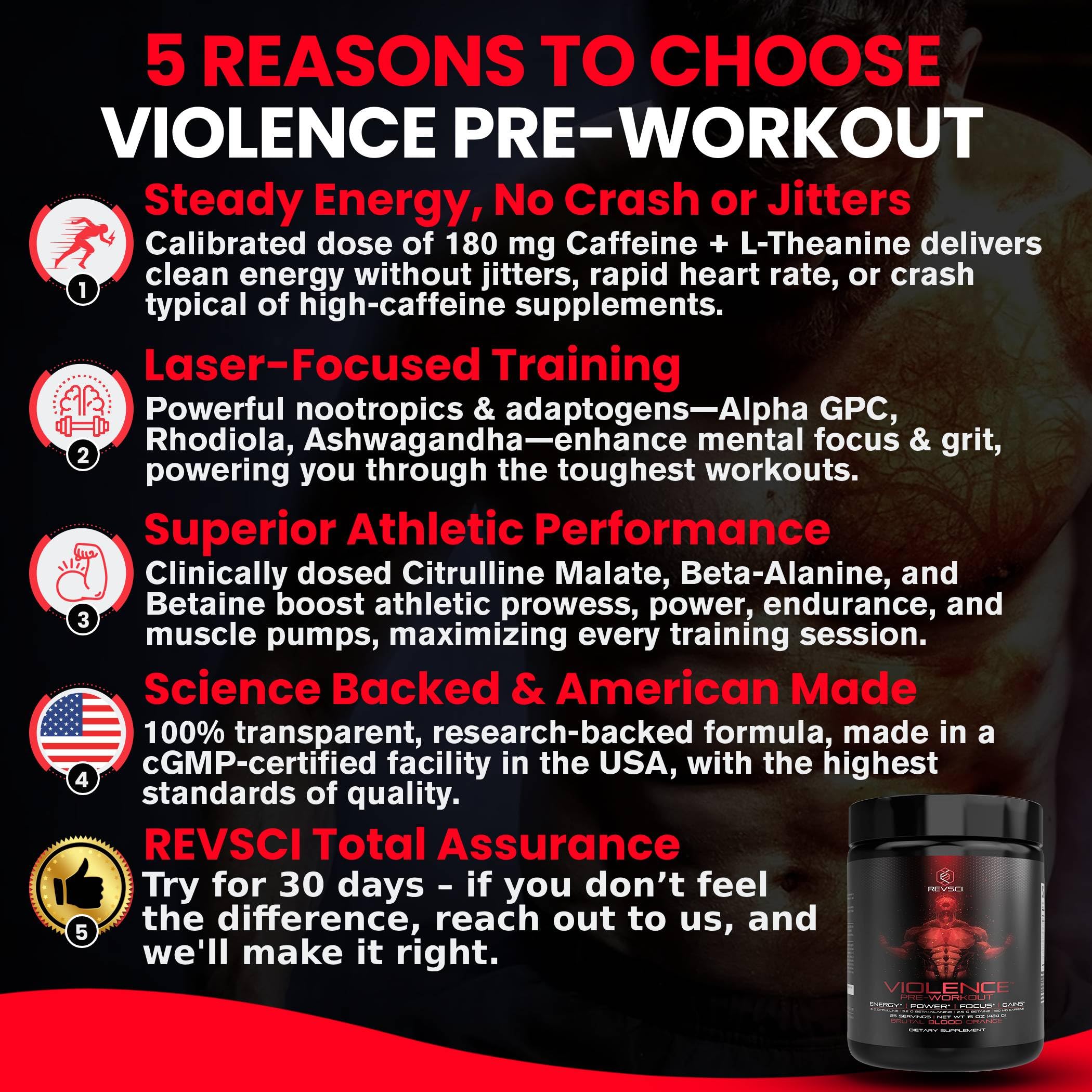 Violence Pre Workout, concentration accrue grâce à la L-théanine et les nootropiques