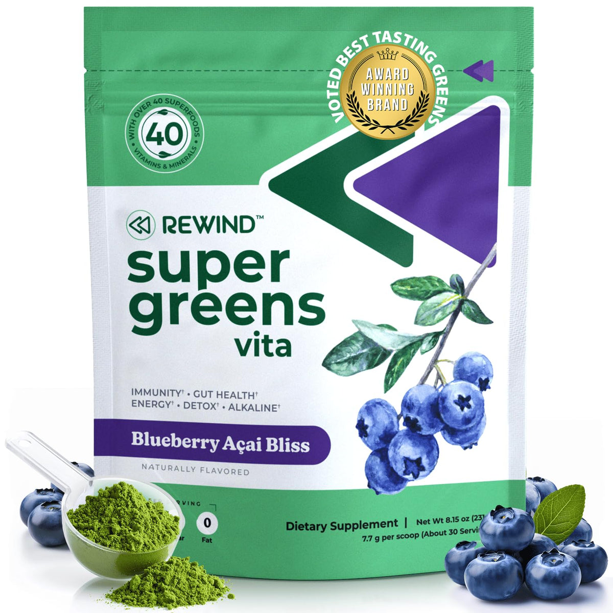 Rewind Poudre Greens, flacon, goût Myrtille-Açaï, pour un rituel quotidien agréable.