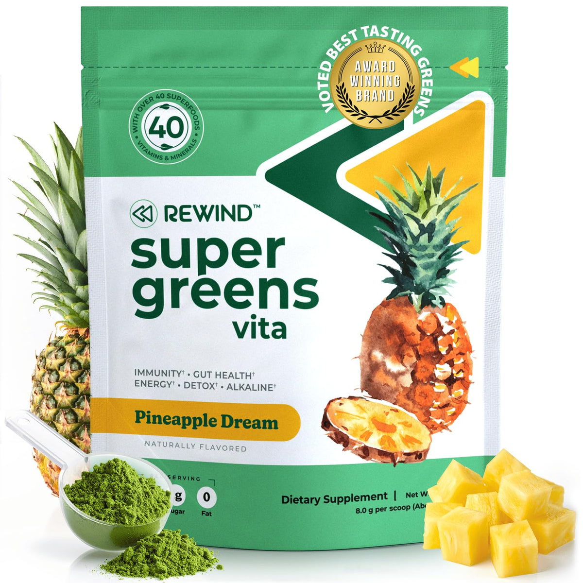 Rewind Super Greens en poudre, saveur ananas, pour démarrer la journée.
