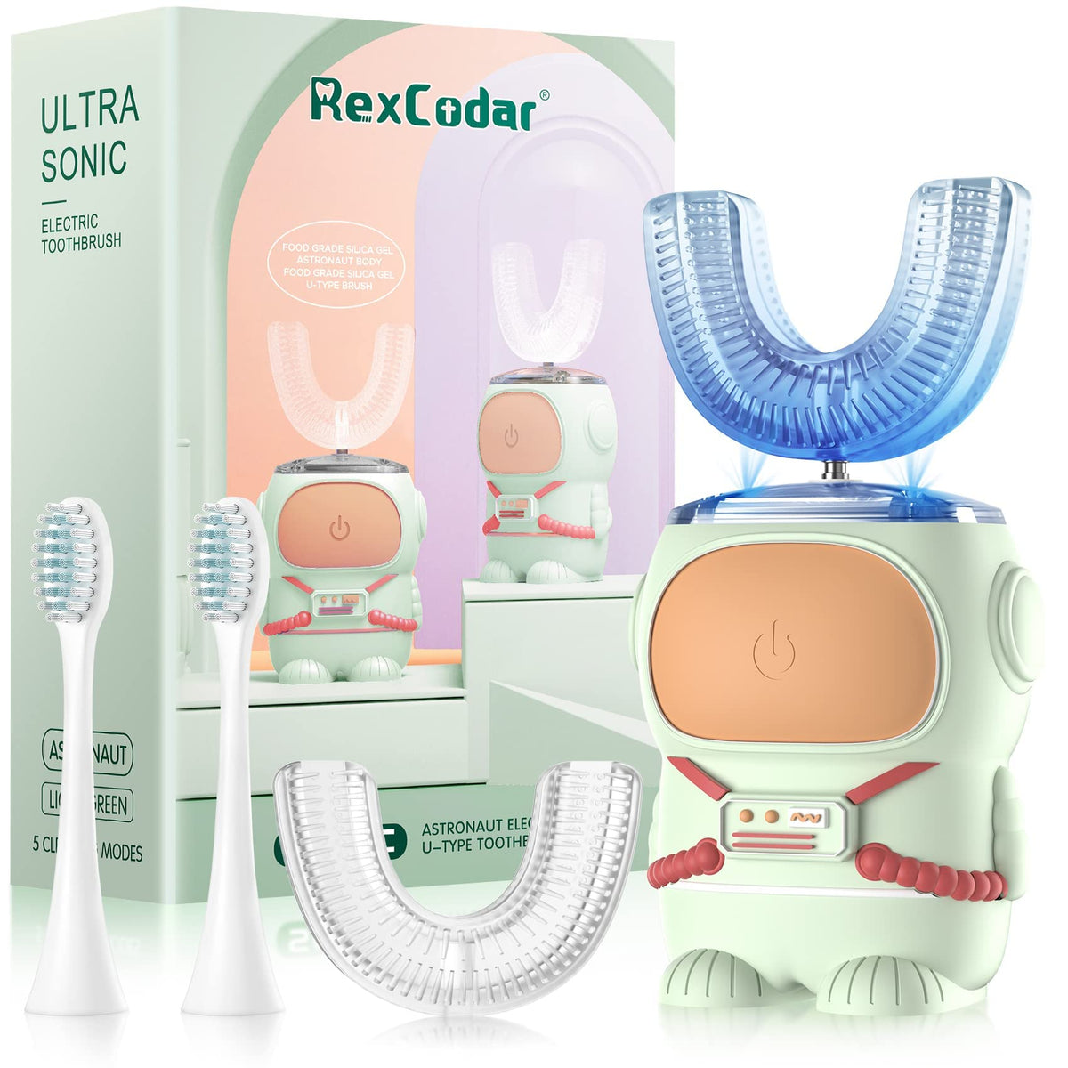 RexCodar brosse-dent-u-silicone astronaute vert, brossage sûr et amusant pour les enfants
