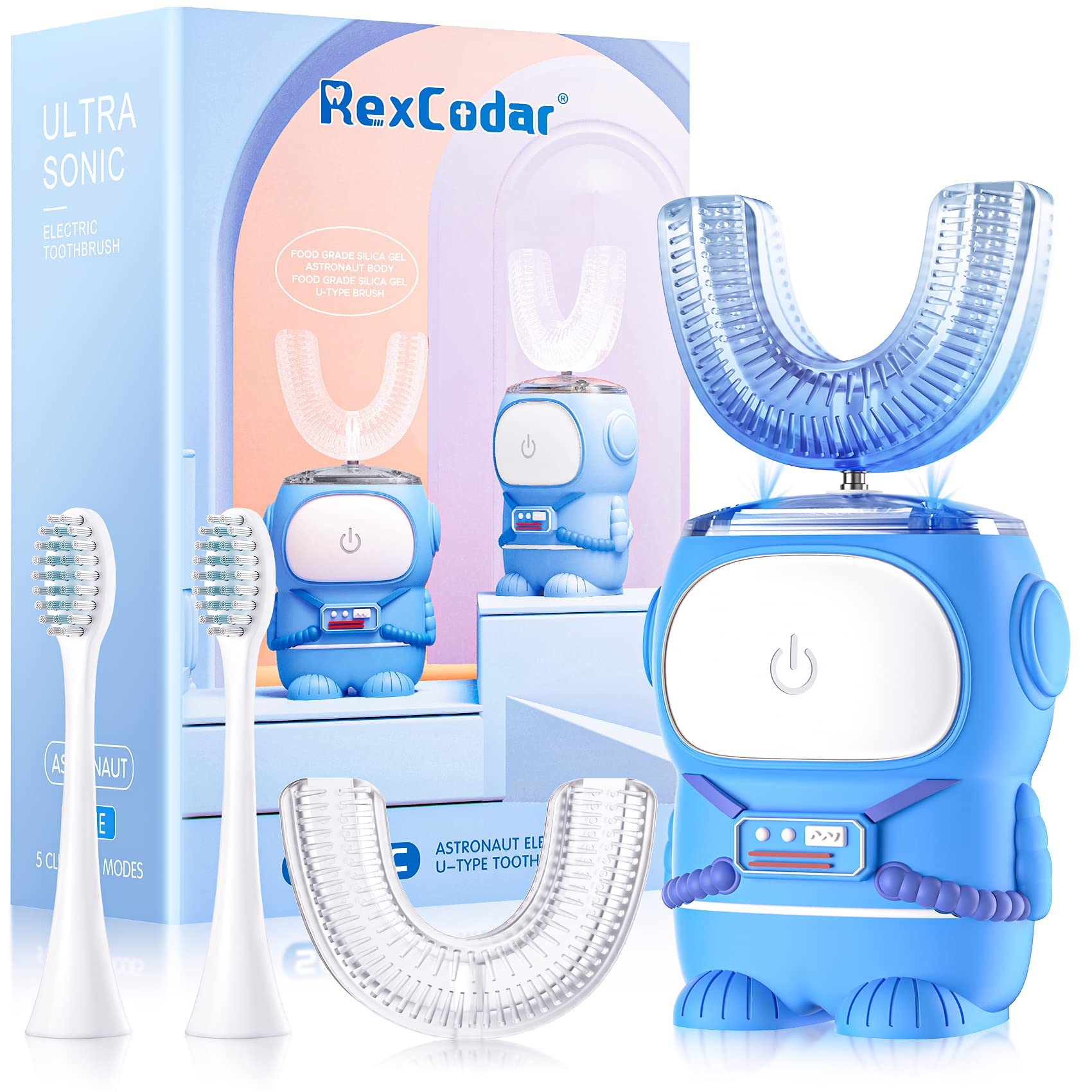 RexCodar brosse dents enfant à tête en U en silicone bleu pour un brossage sûr et efficace.