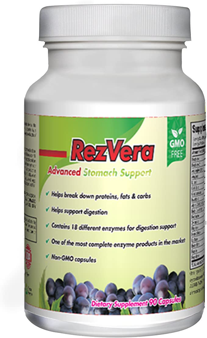 RezVera: bouteilles d enzymes montrant le complément digestif naturel pour une meilleure absorption