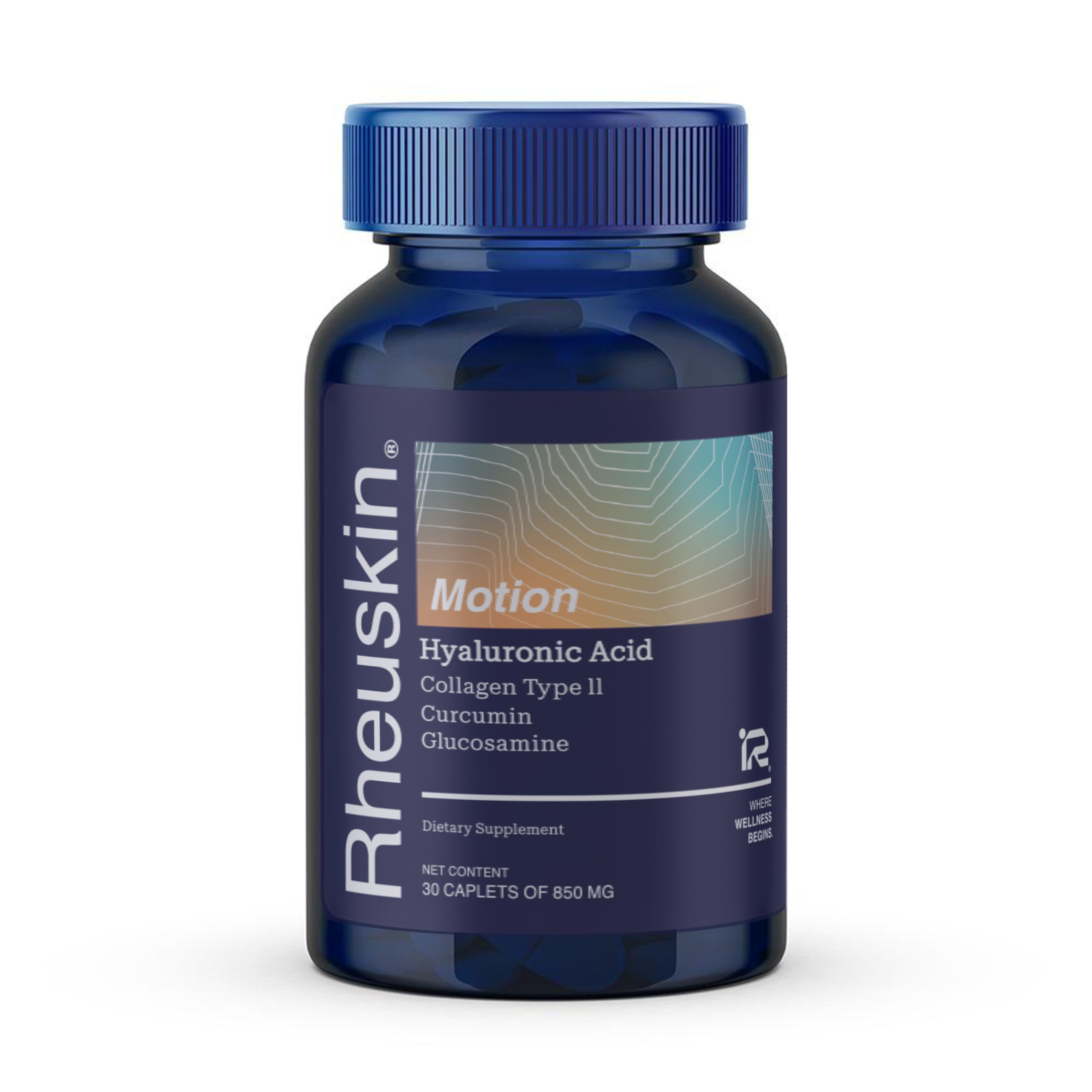 Rheuskin Motion bouteille close-up montrant la formulation 4-en-1 pour les articulations.