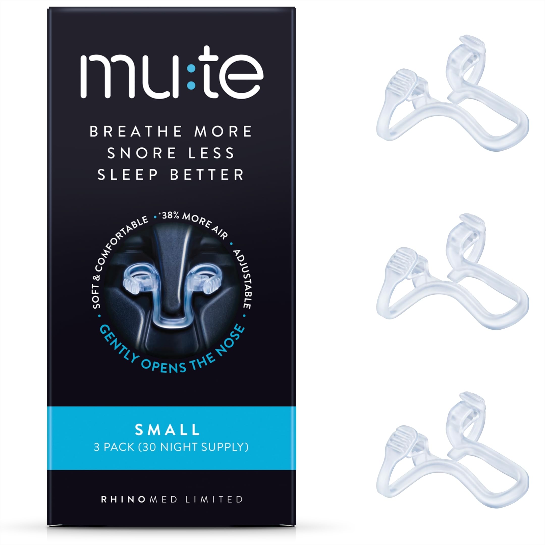Rhinomed Mute dilatateur nasal réduit le ronflement pour des nuits plus calmes.