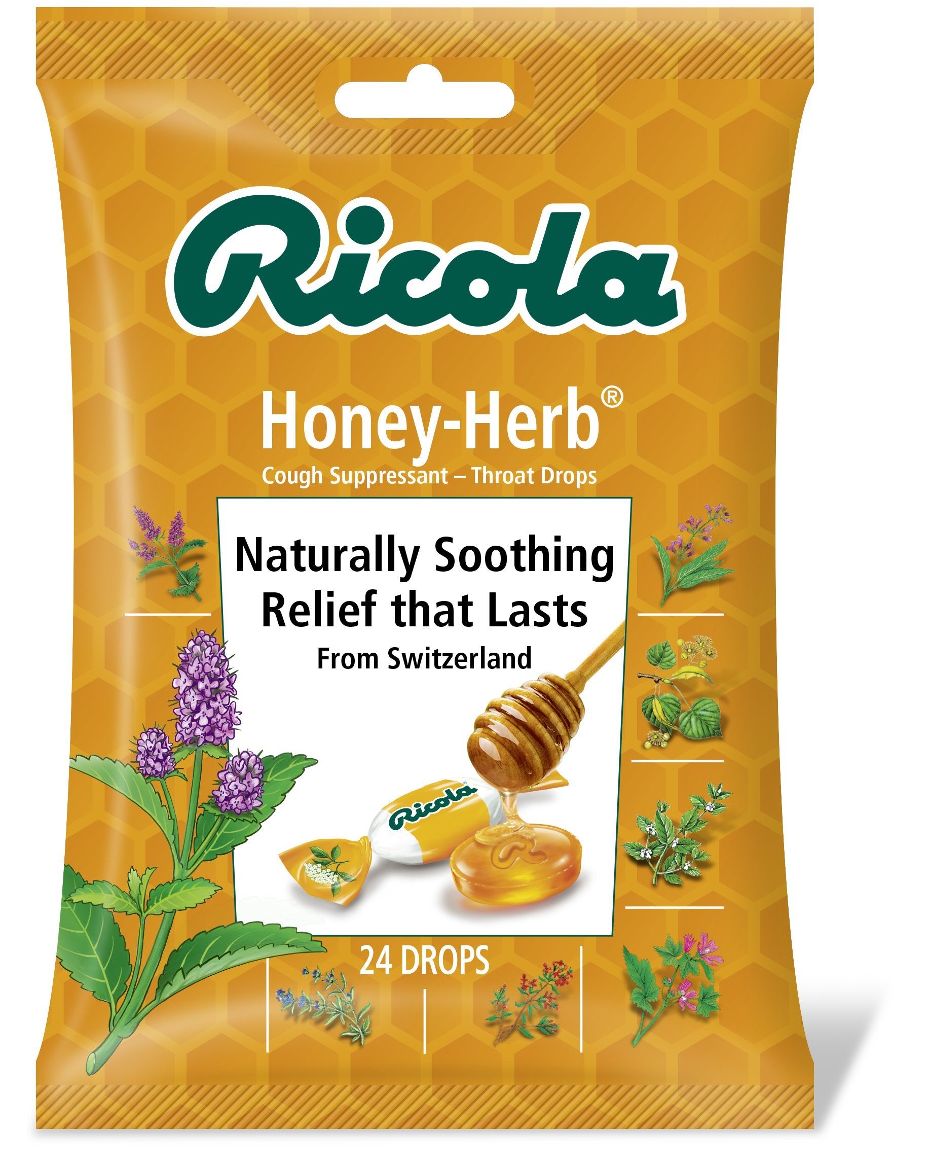 Gouttes Ricola miel et herbes, apaisent rapidement la gorge.