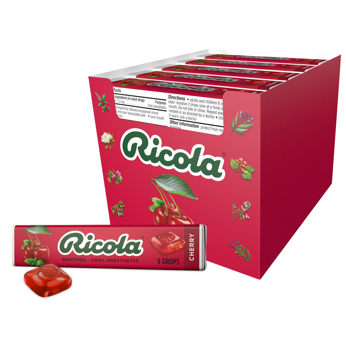 Pastilles Ricola Cerise dans une boîte, pour rafraîchir la gorge tout au long de la journée.
