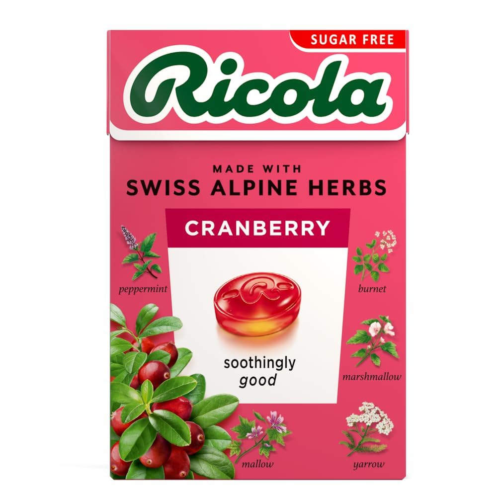 Pastilles Ricola Cranberry Sf dans une boîte 45 g, rafraîchissantes et pratiques.