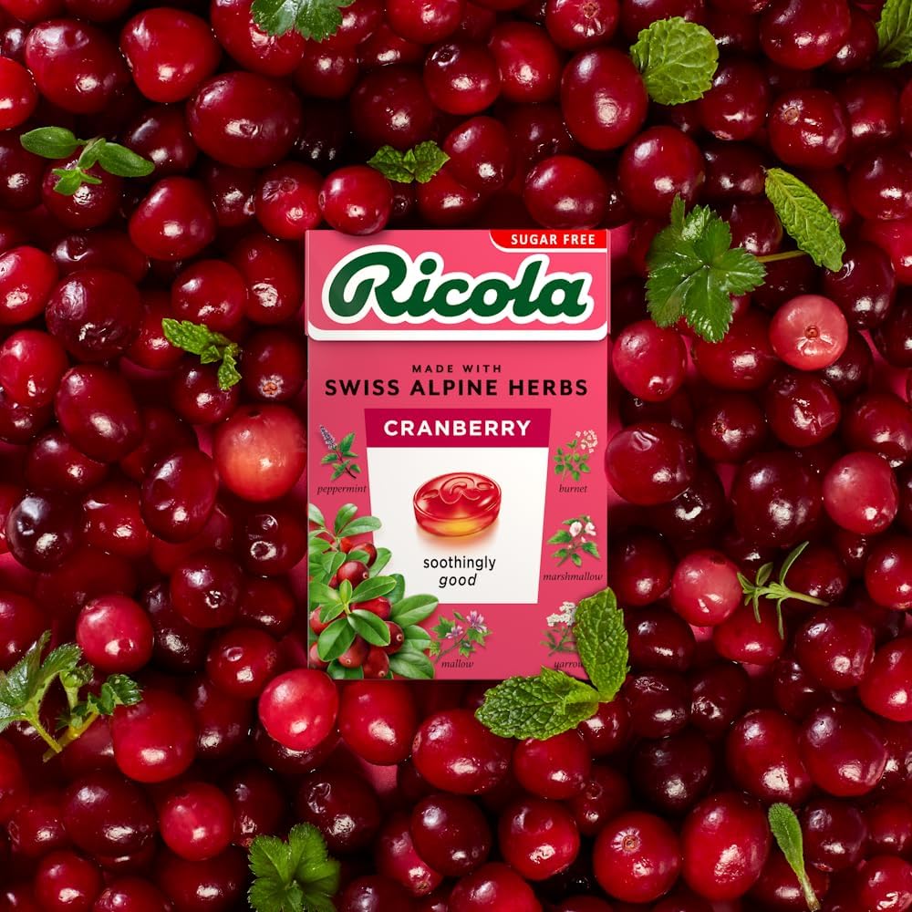 Emballage Ricola Cranberry Sf montrant le pack de 20 boîtes pour le quotidien.