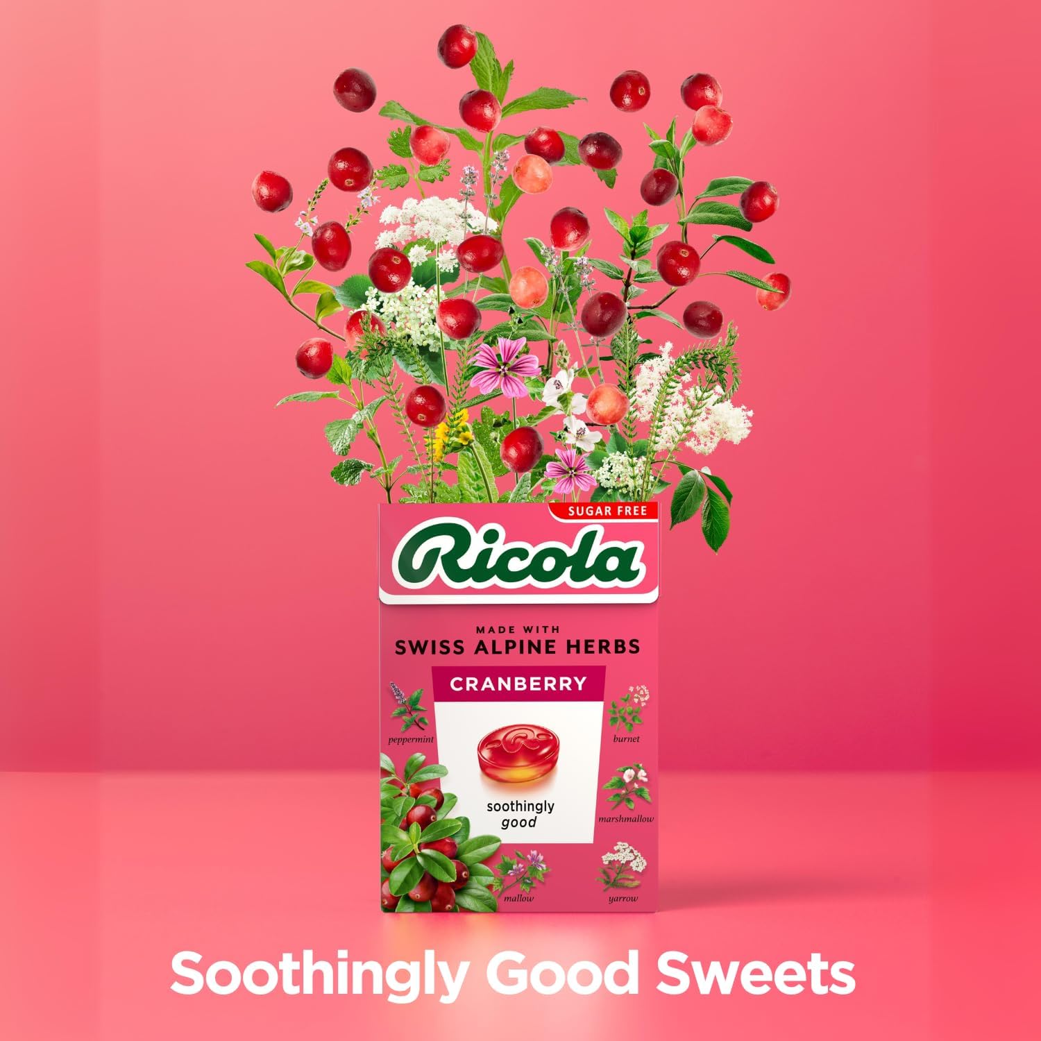 Gros plan sur les pastilles Ricola Cranberry Sf, couleur rouge naturelle.