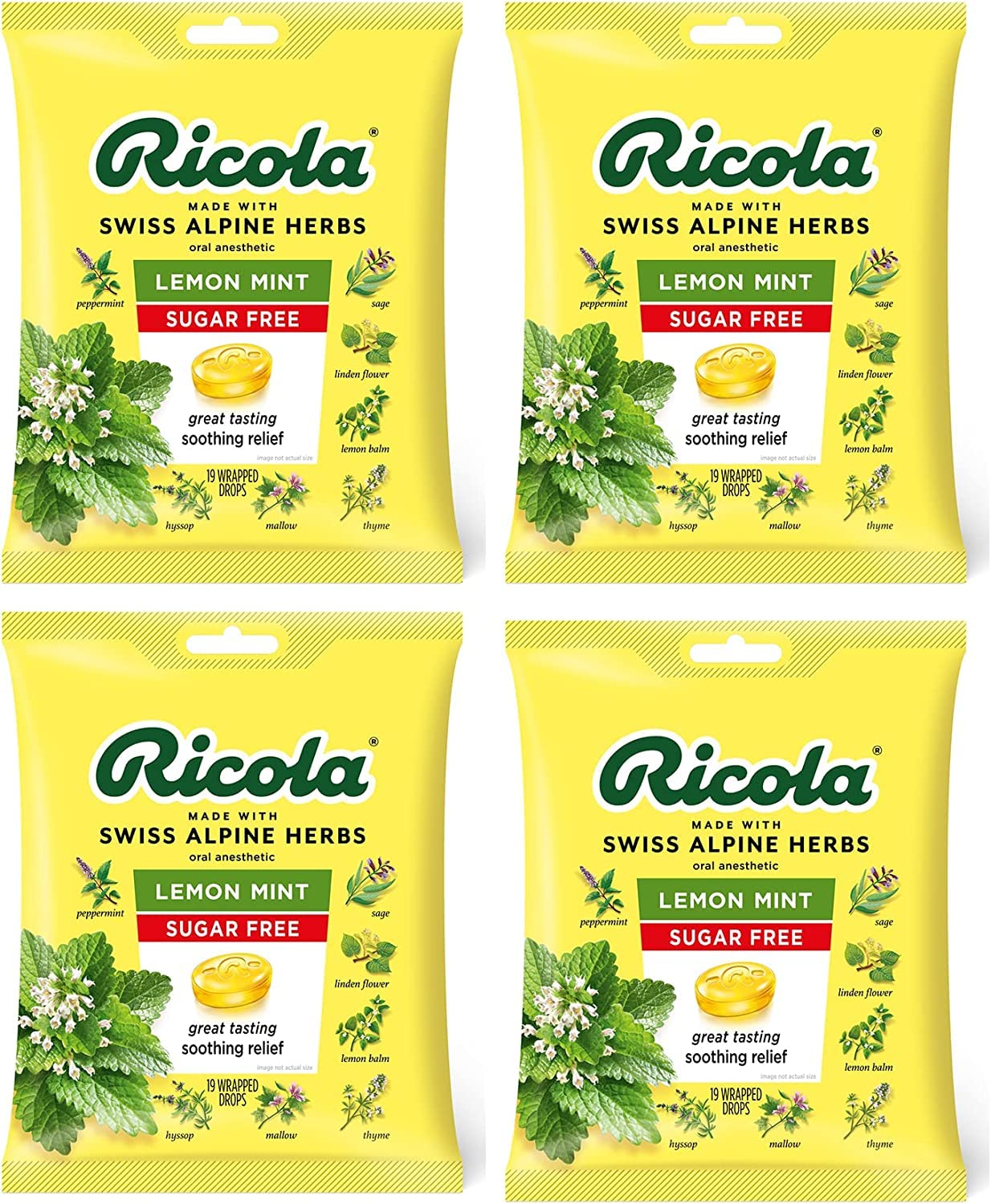 Ricola citron-menthe sans sucre, boîtes alignées, goût rafraîchissant pour apaiser la gorge.