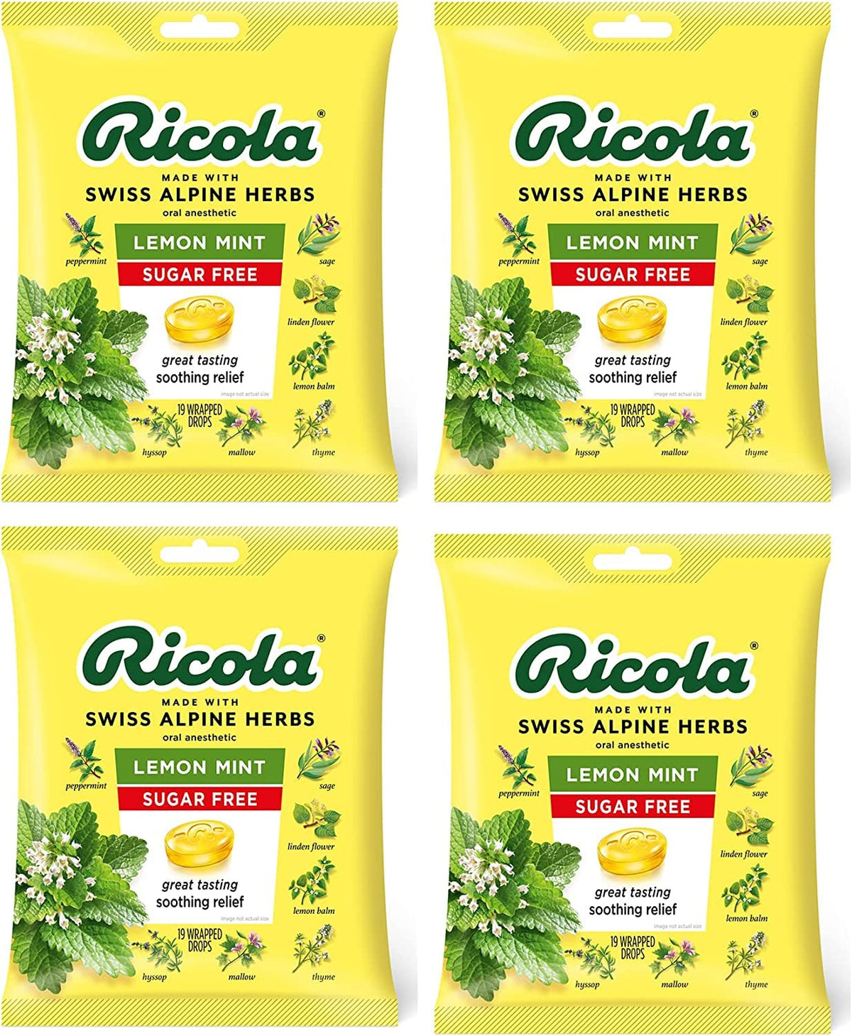 Ricola citron-menthe sans sucre, boîtes alignées, goût rafraîchissant pour apaiser la gorge.