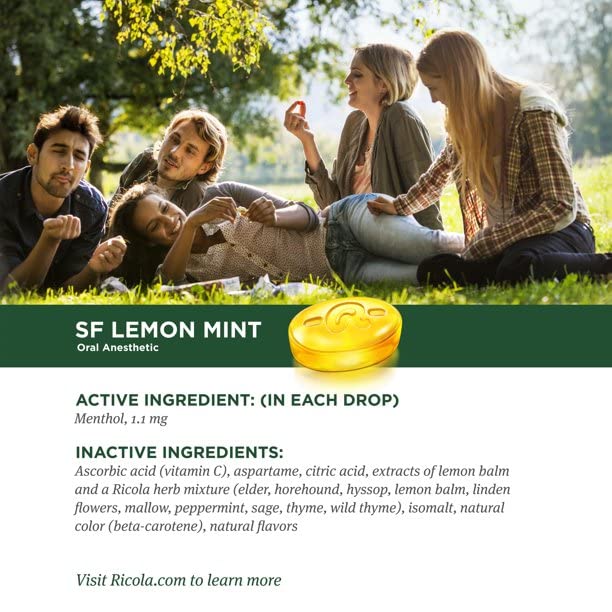 Pastilles Ricola citron-menthe sans sucre, forme carrée, pratique en déplacement.