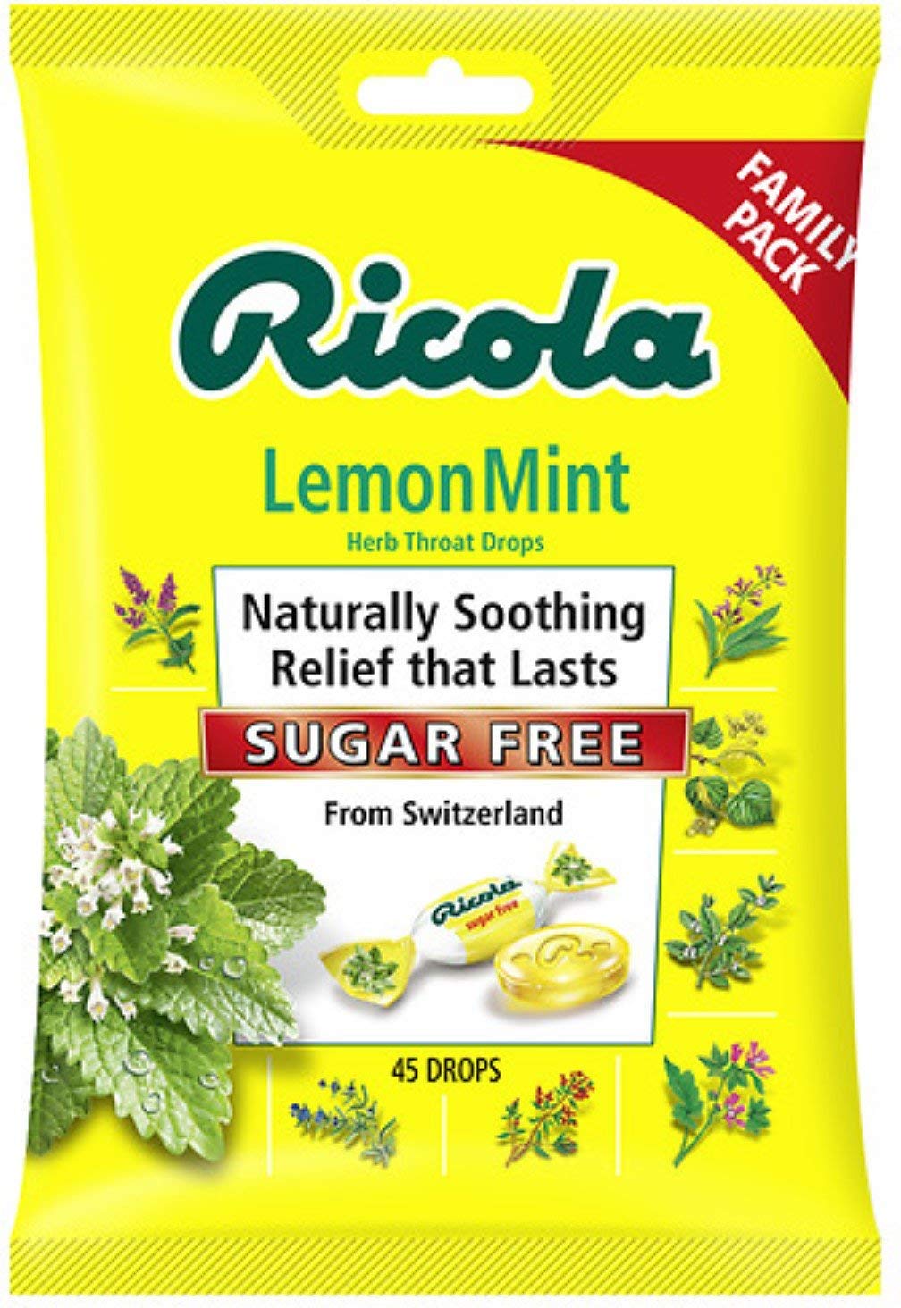 Ricola drops sans sucre citron menthe, rafraîchissent et peuvent aider la gorge.