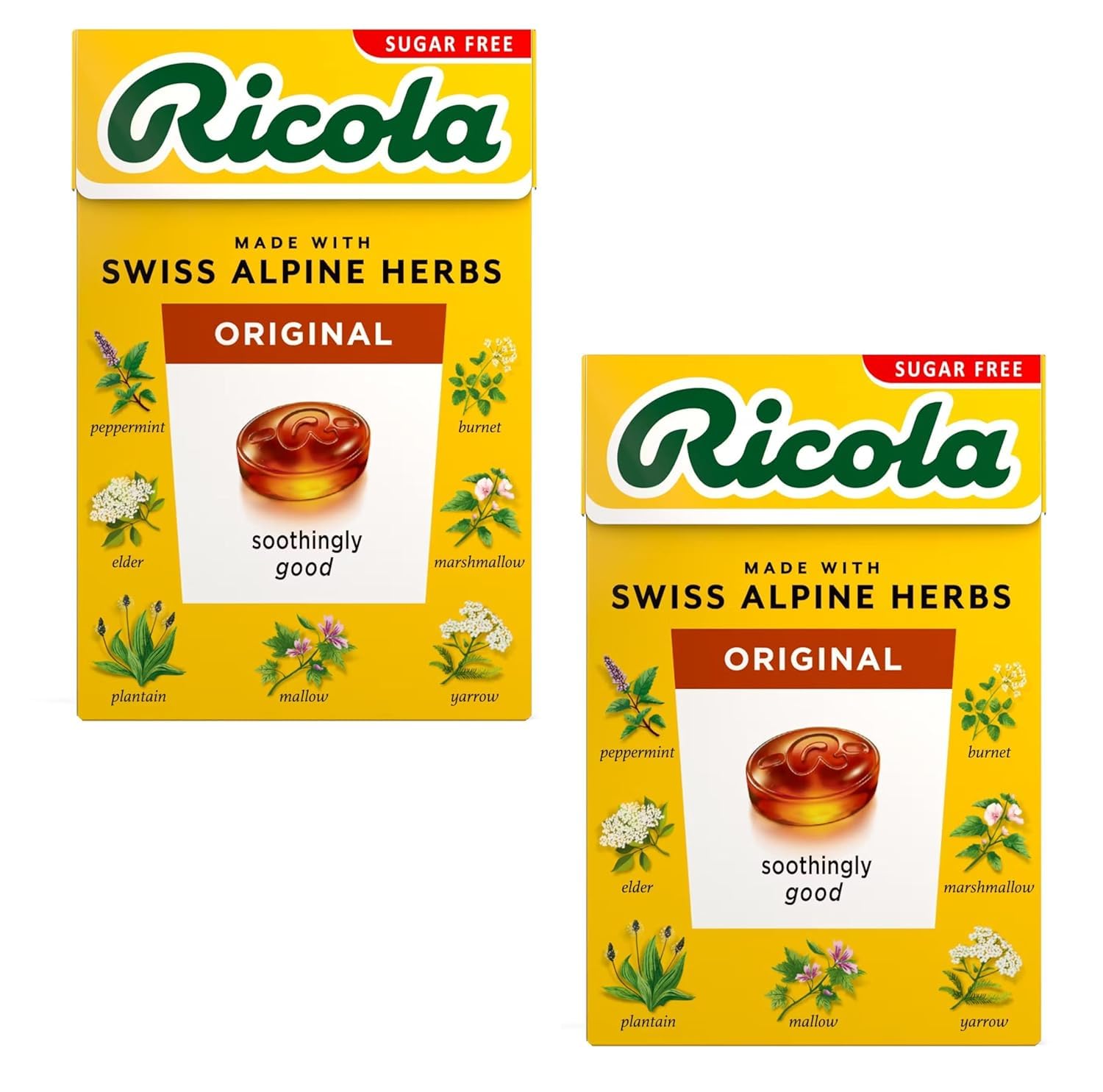 Flacon Ricola drops sans sucre, douceur légère et arôme herbacé.