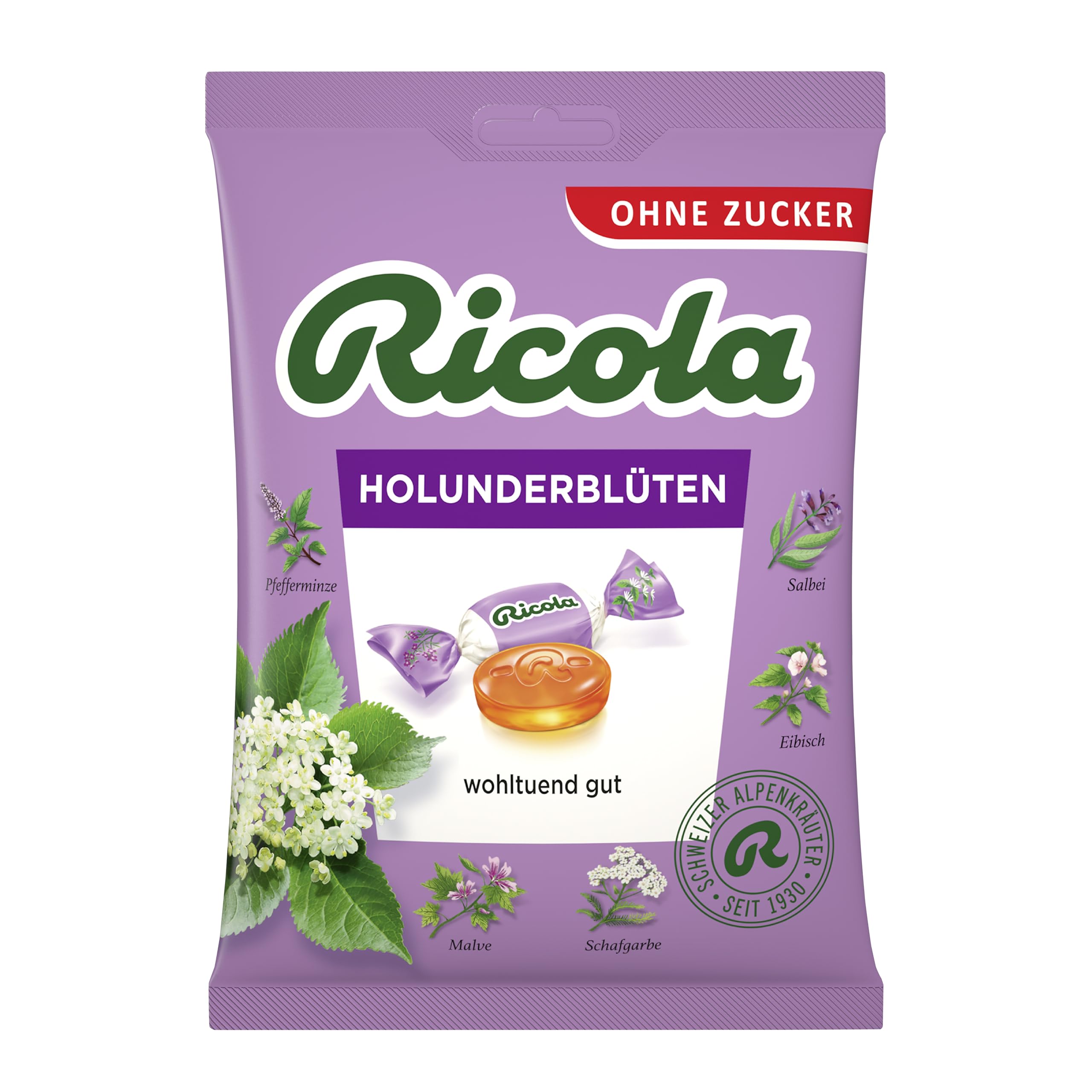 Ricola Fleurs de Sureau, sachet 75 g, goût floral et douceur.