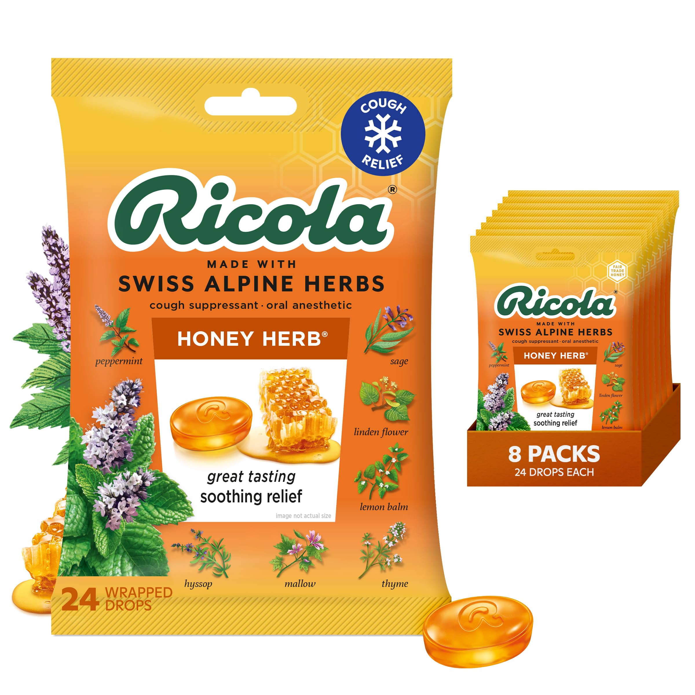 Pastilles Ricola Miel et Herbes en bouteille, soulage la gorge et la toux légère