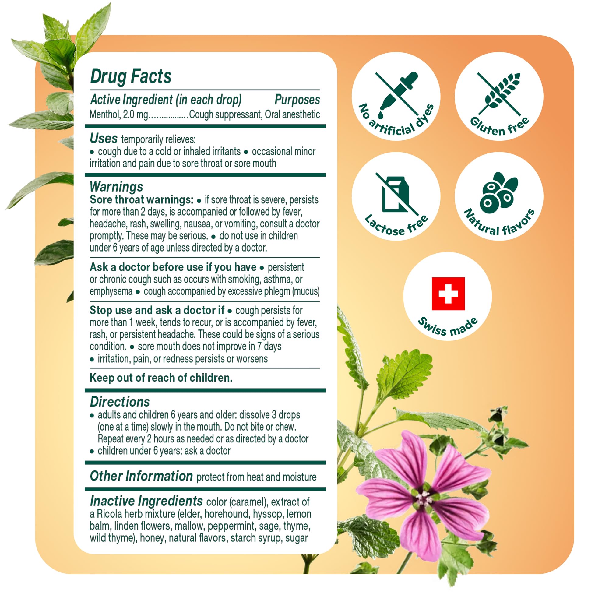 Étiquette Ricola Miel et Herbes montrant le menthol et les herbes