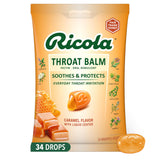Pastilles Ricola gorge Baume caramel centre liquide pour un réconfort rapide.