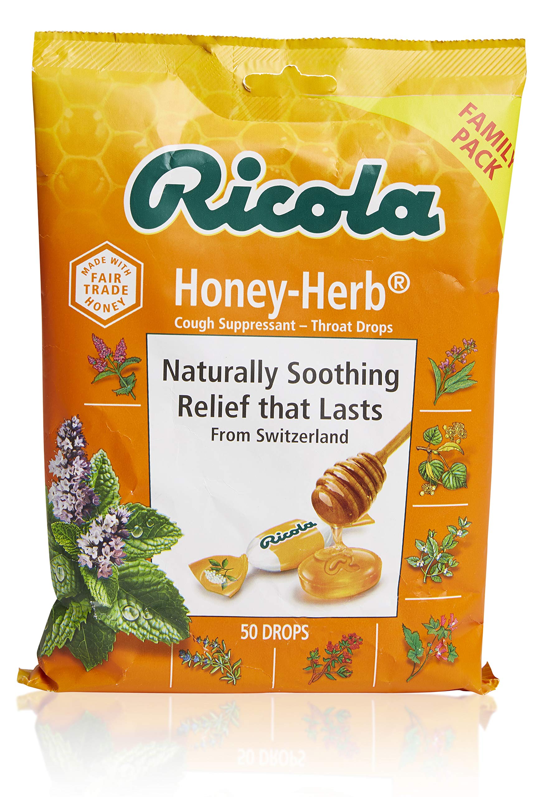 Pastilles Ricola miel et herbes au menthol léger.