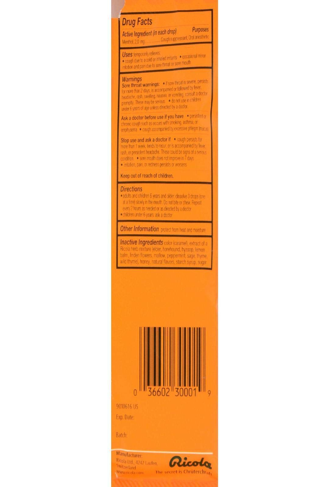 Utilisation quotidienne des pastilles Ricola miel et herbes pour apaiser la gorge.