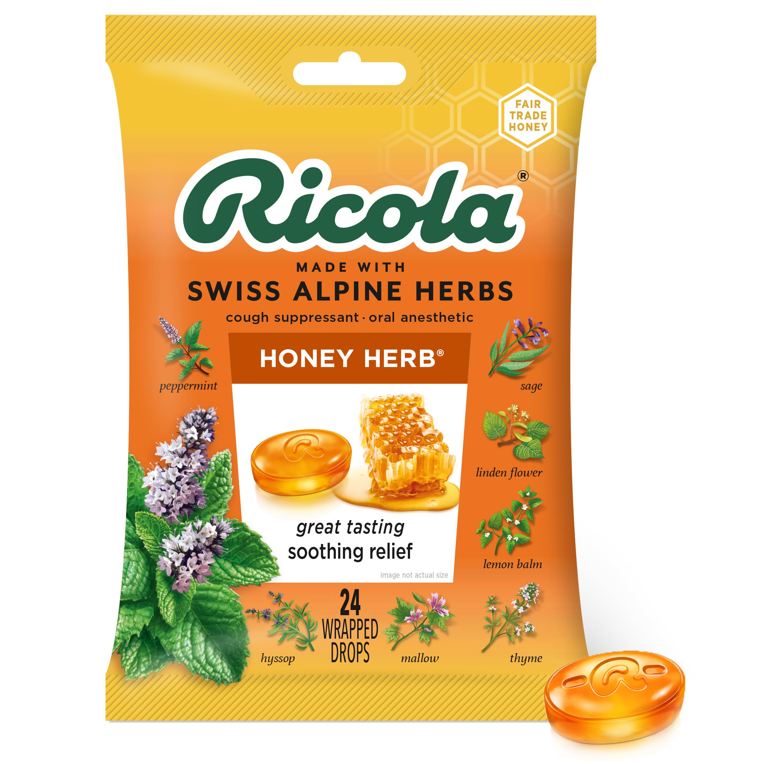 Pastilles Ricola miel-herbes en boîte, apaisent la gorge et éveillent les sens