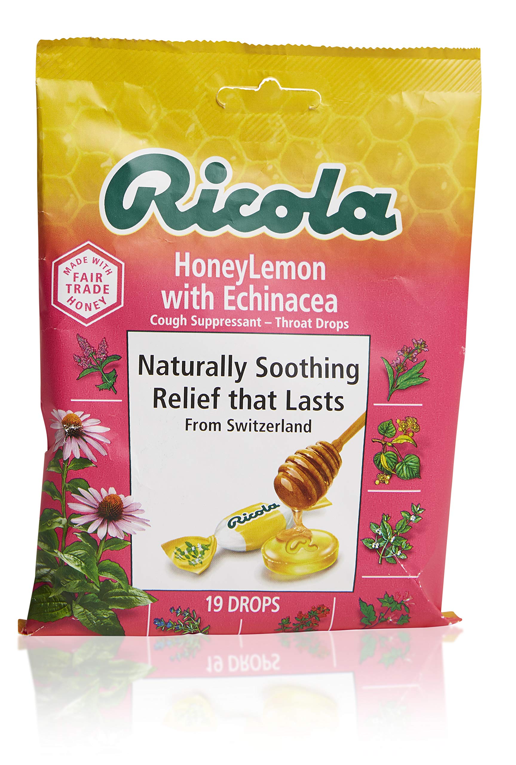 Boîte Ricola ouverte montrant les pastilles miel-citron-échinacée pour usage rapide.