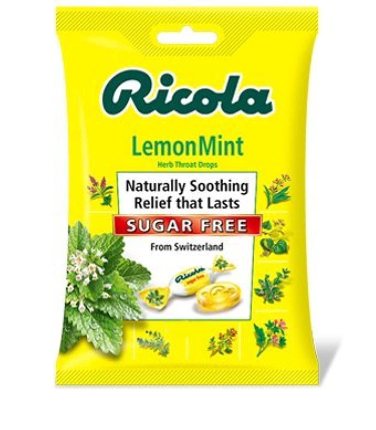 Pastilles Ricola sans sucre au citron, rafraîchissantes et faciles à emporter en déplacement.