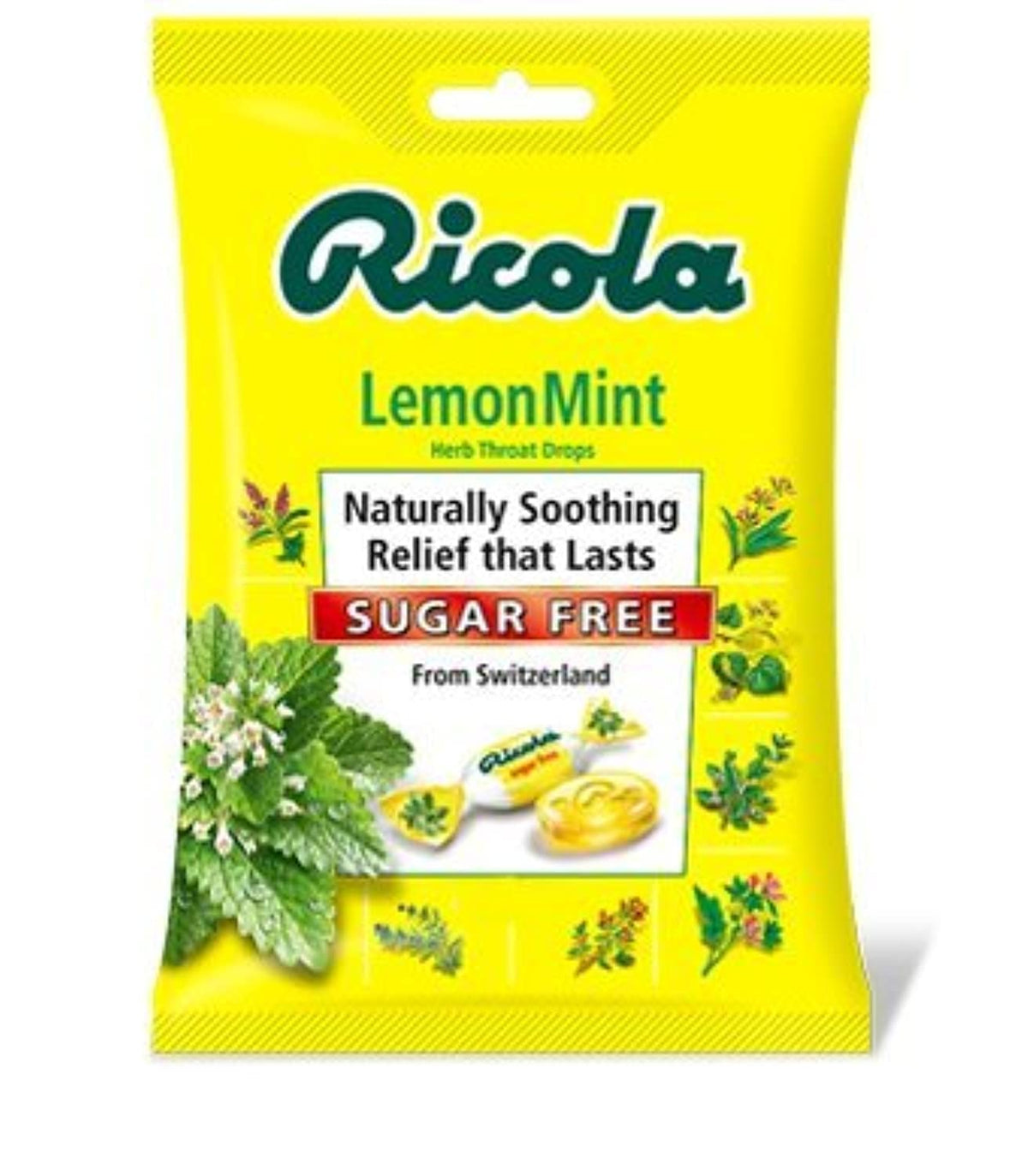 Pastilles Ricola sans sucre au citron, rafraîchissantes et faciles à emporter en déplacement.