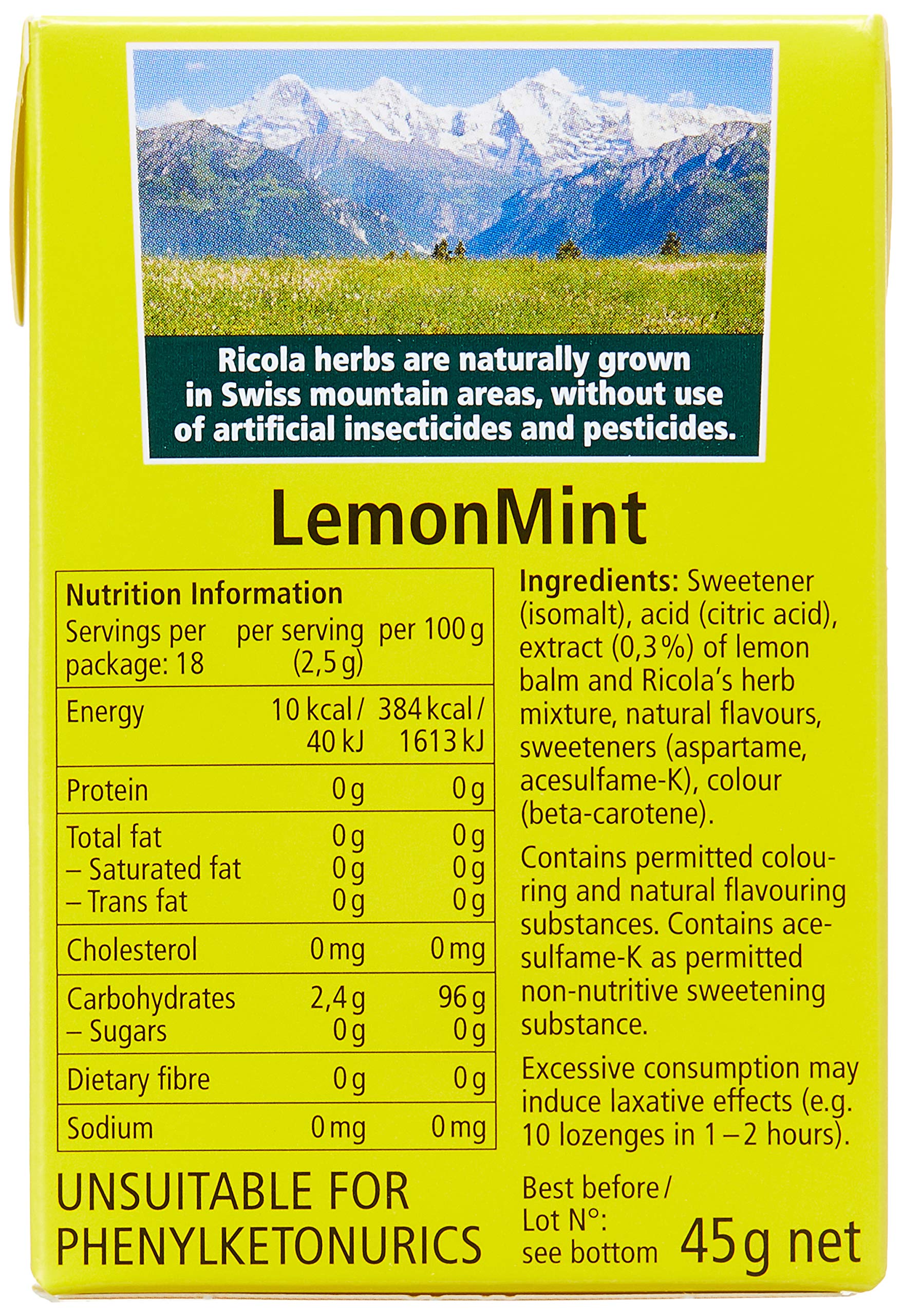 Ricola pastilles sans sucre pour gorge citron menthe, soulagement discret.